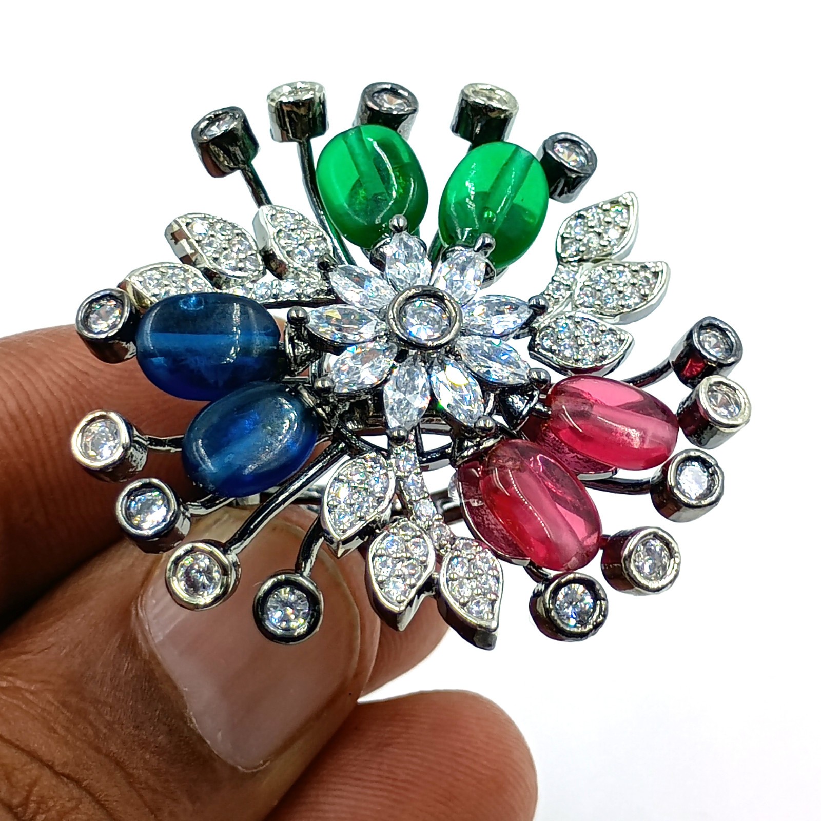 Handmade Multi Stone Ring Adjustable Cubic Zirconia Black Rhodium Plated Boho