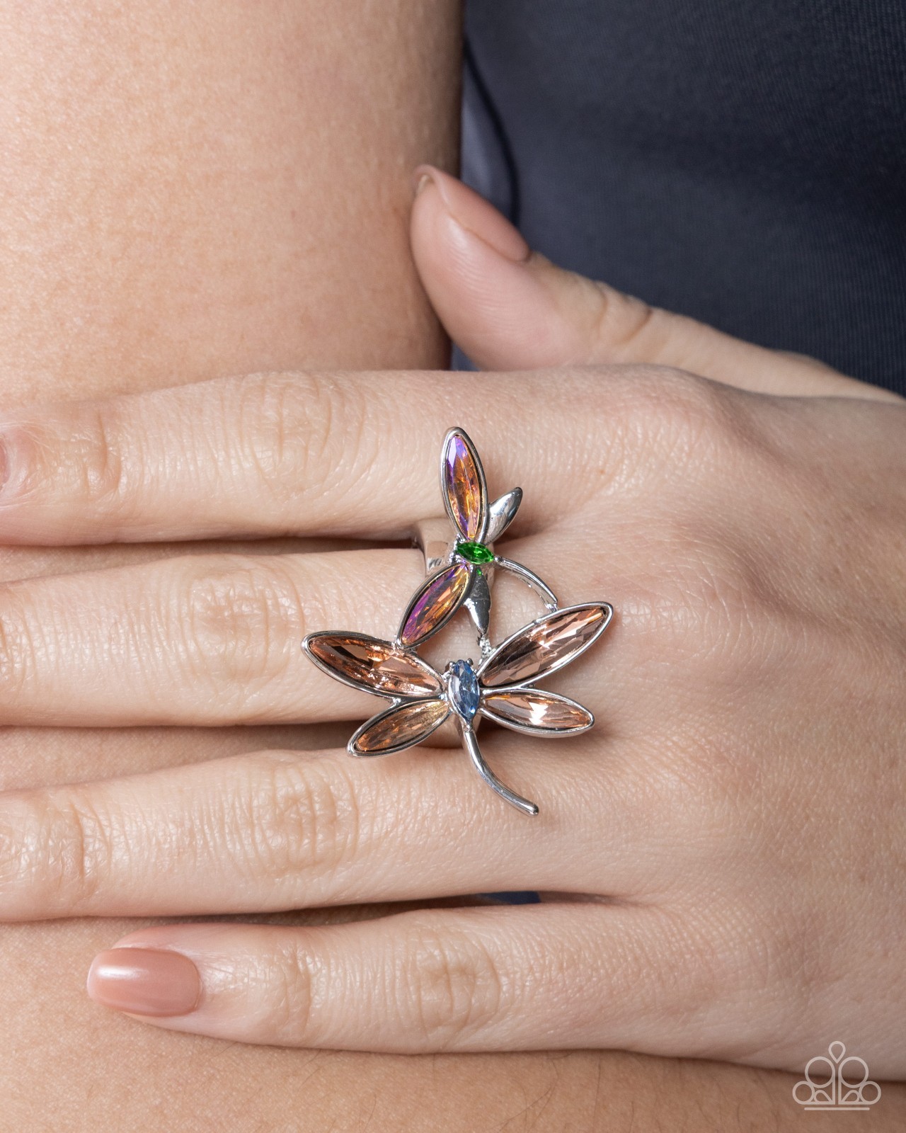 Paparazzi Darling Dragonfly – Orange – Multicolored Gems – Silver Dragonflies Ri