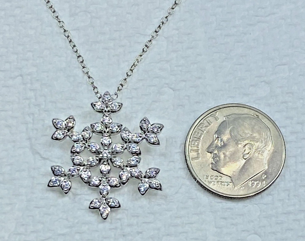 925 Sterling Silver Cubic Zirconia Snowflake Pendant 18″ Necklace NOS