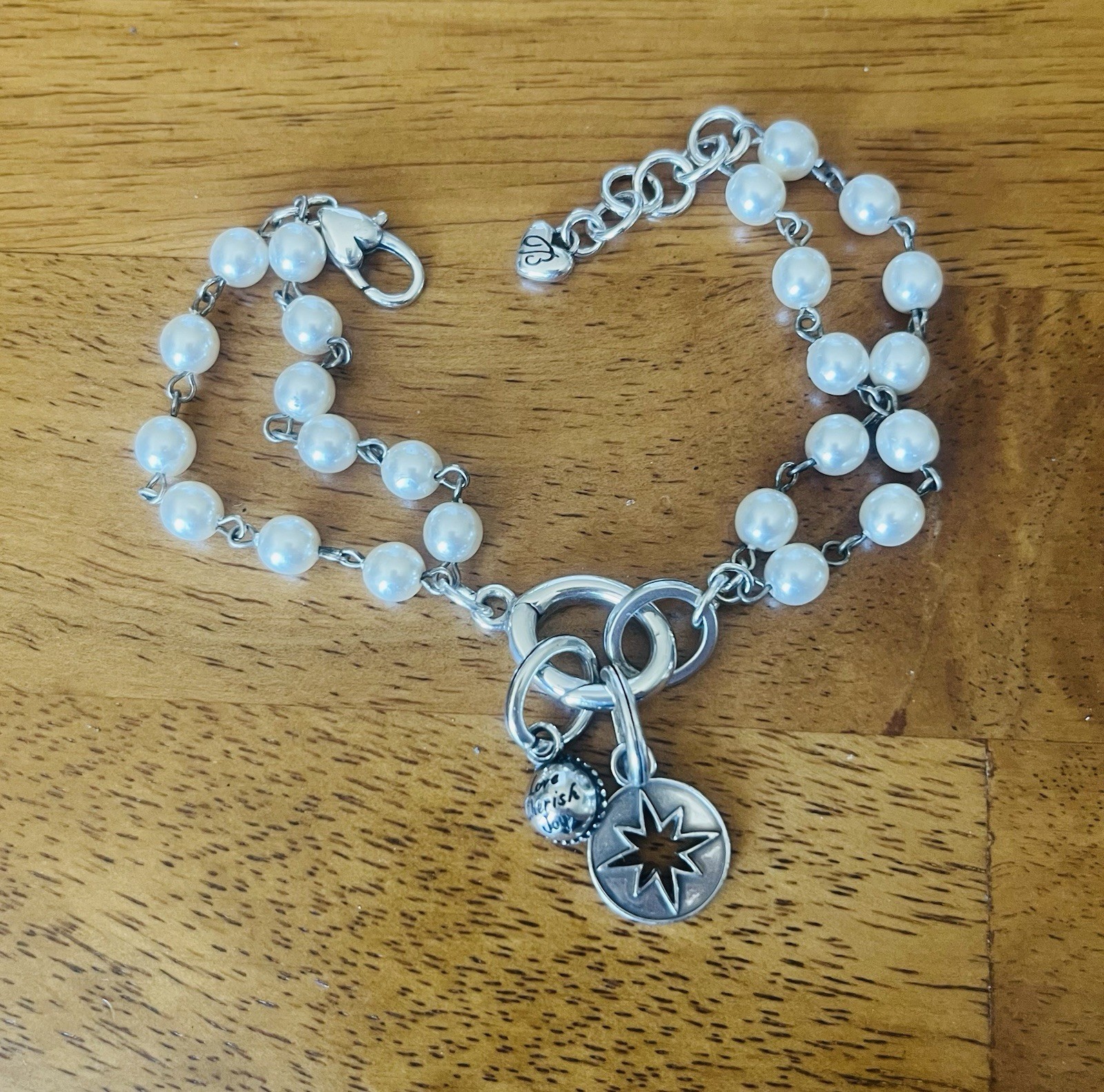 Brighton Double Pearl Strand Bead Rhinestone Charm Bracelet 8 Inch
