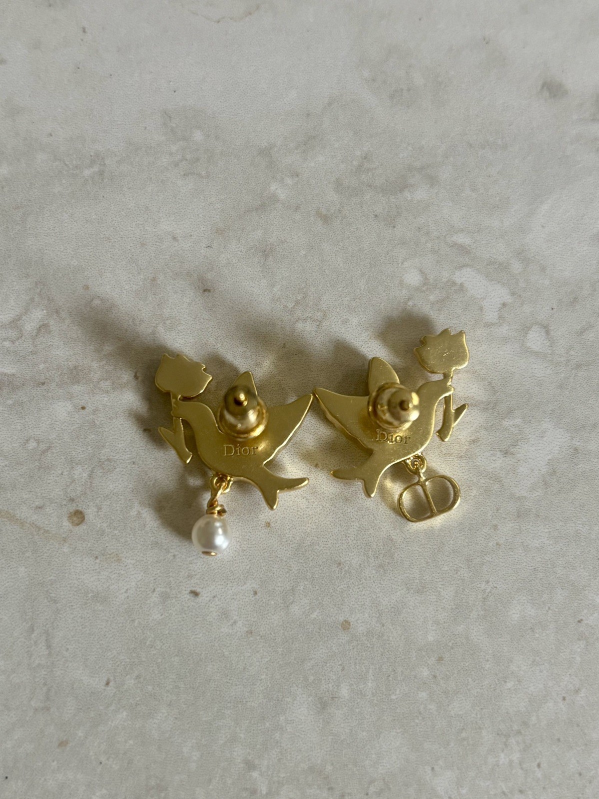 Dior Dioramour Doves & Roses Gold Plated and White Resin Pearl Earrings