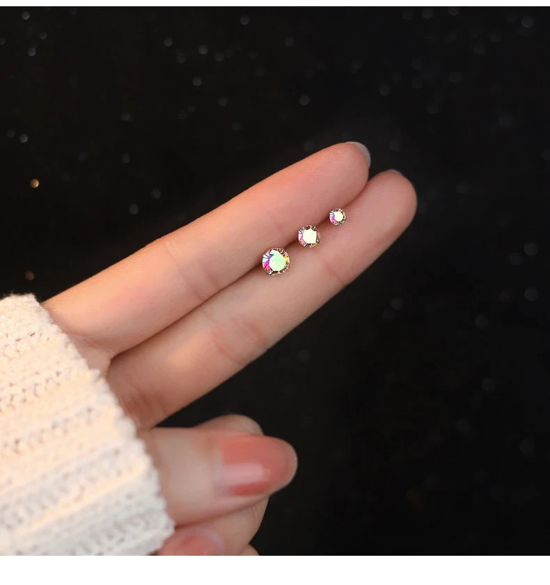 S925 Sterling Silver AB Crystal Round Stud Earrings Tiny Women Girls Jewellery