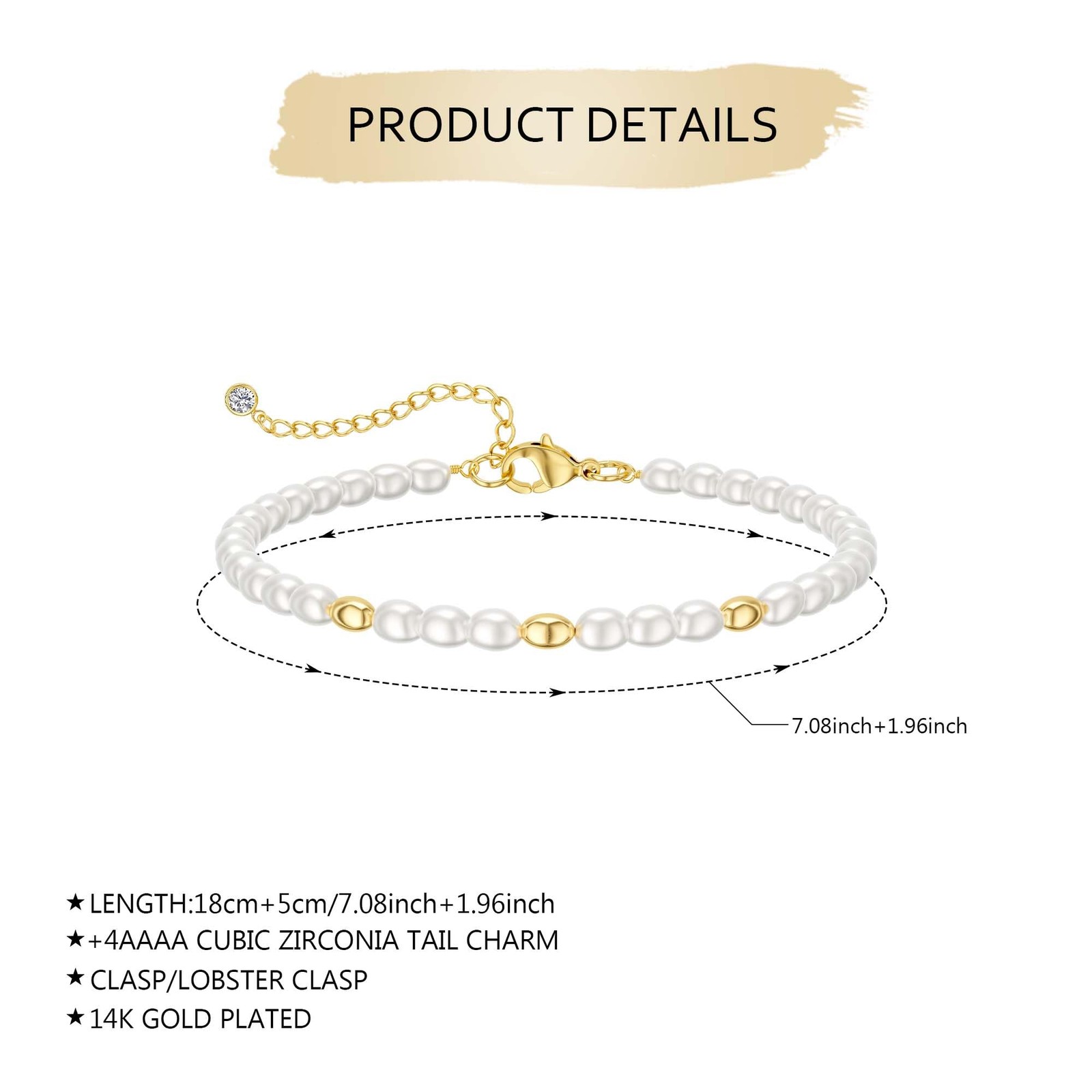 Freshwater Pearl Bracelet, Dainty 14K Gold Plated Pearl Beaded Chain 4.5mm Ad…