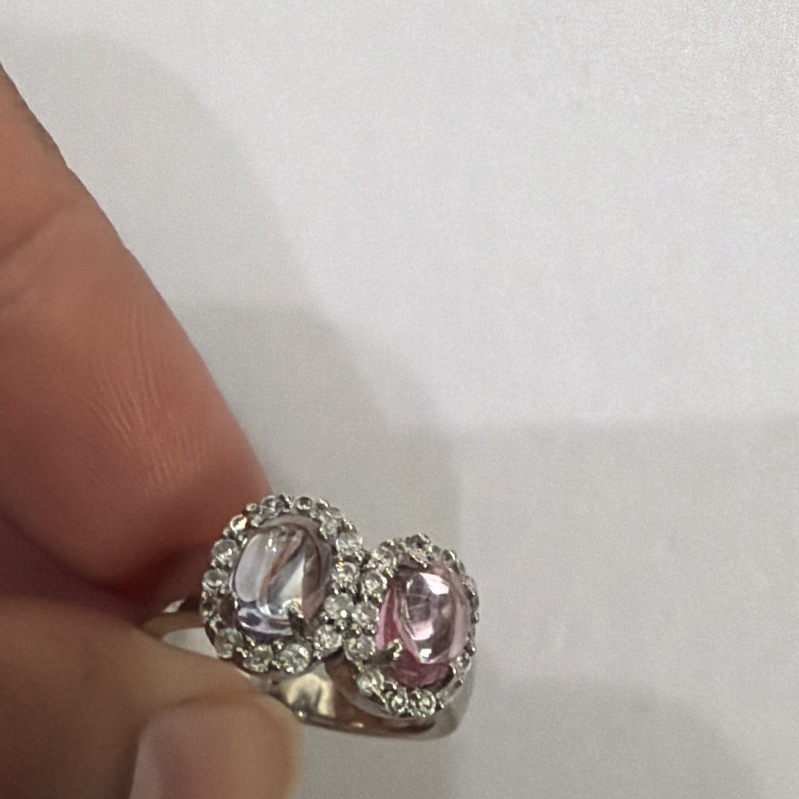 Silver Metal Cocktail Ring Double Oval Pink Purple lab Stones Halo Rhinestone
