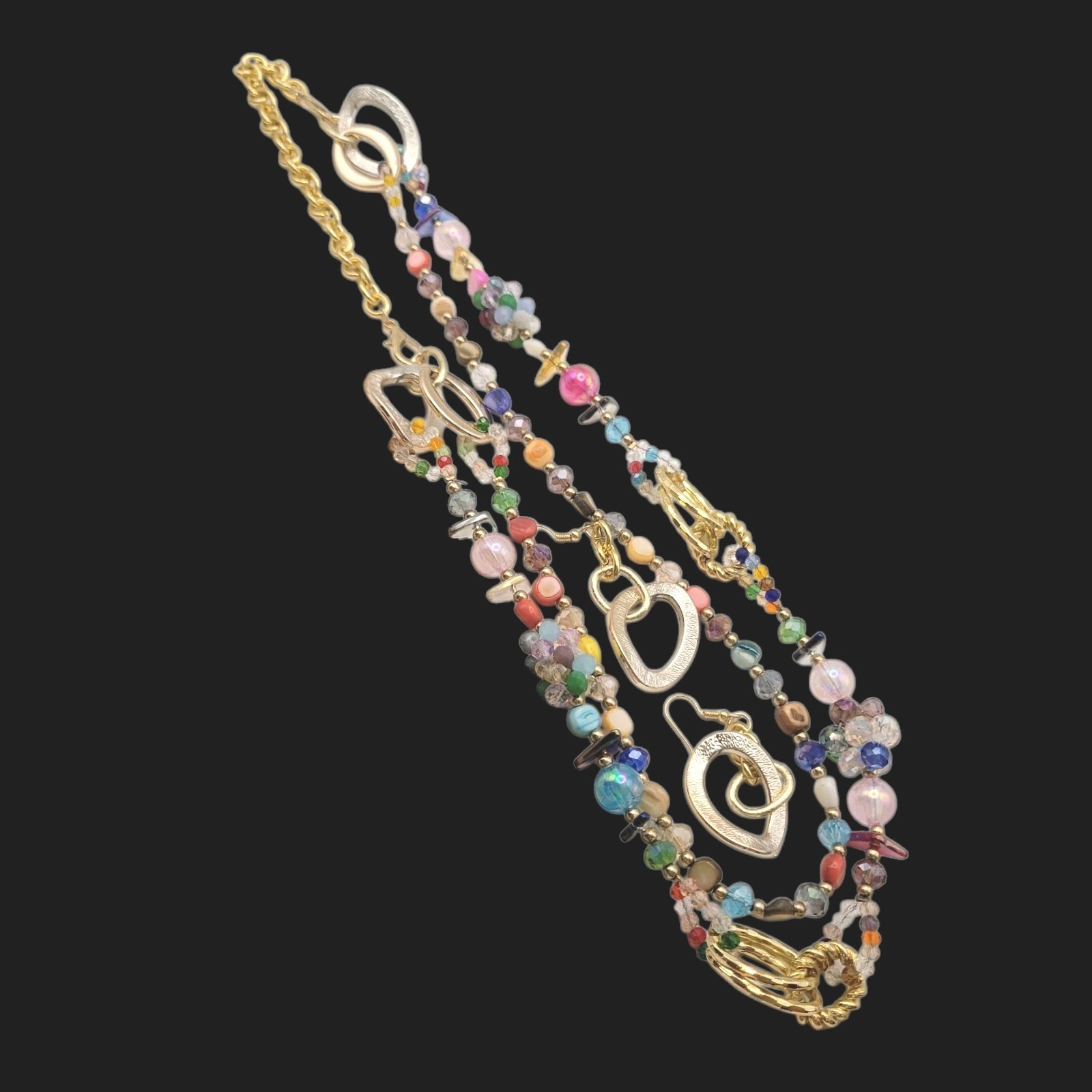 Necklace Earrings Multicolor 28″ Beads Varies Goldtone Lightweight Spring