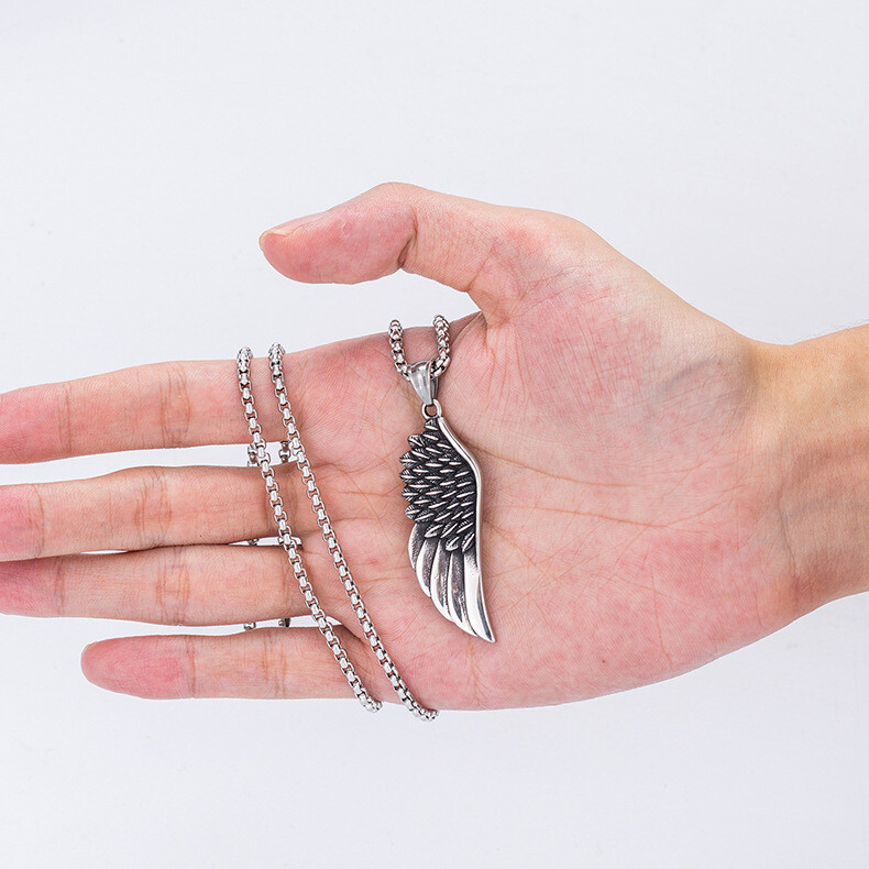 Mens Angel Wing Feather Pendant Necklace Biker Jewelry Stainless Steel Chain 24″