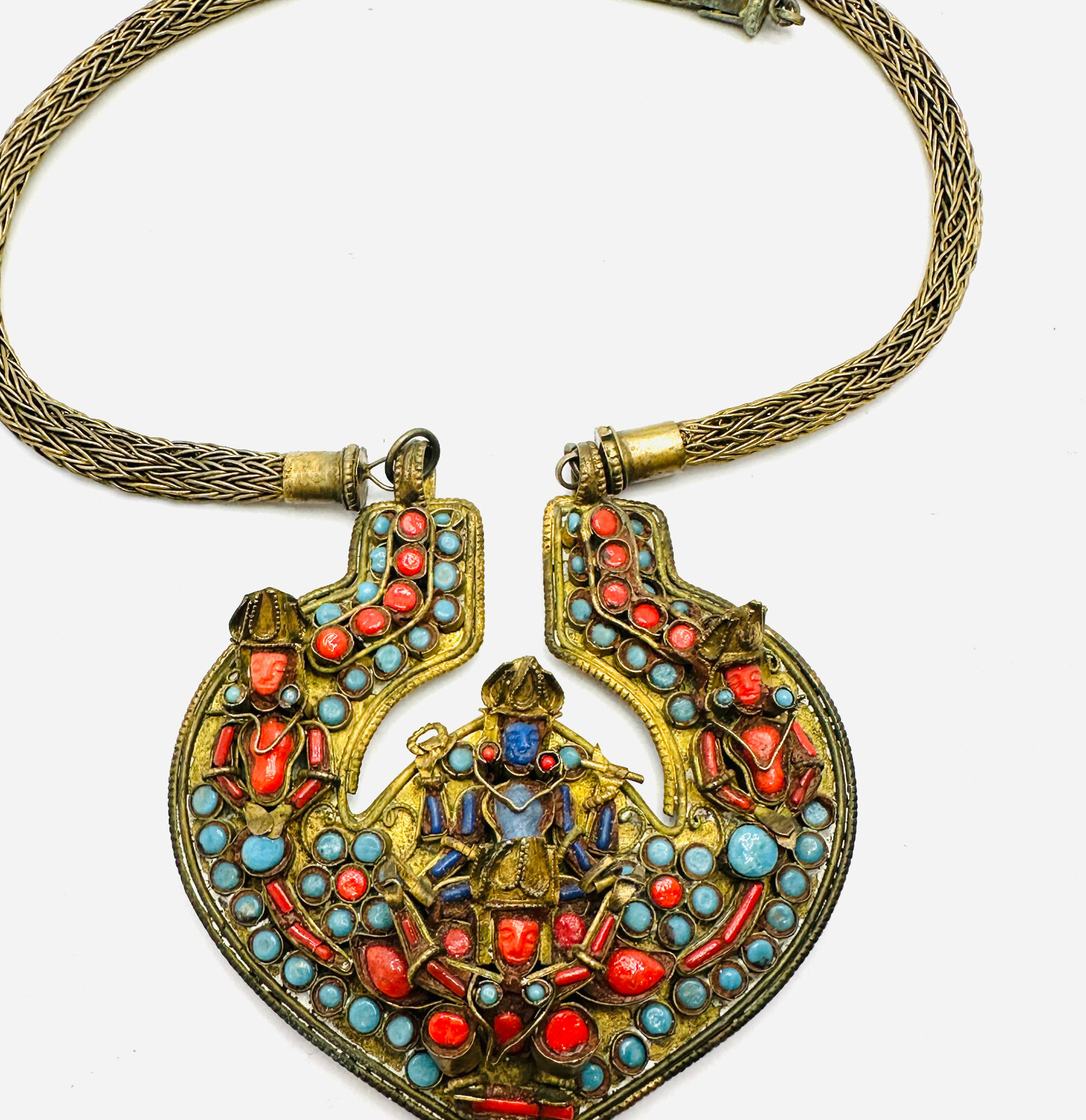 Antique Nepal Tibetan Brass Vishnu Prayer Necklace Coral Turquoise Glass EUC 24″