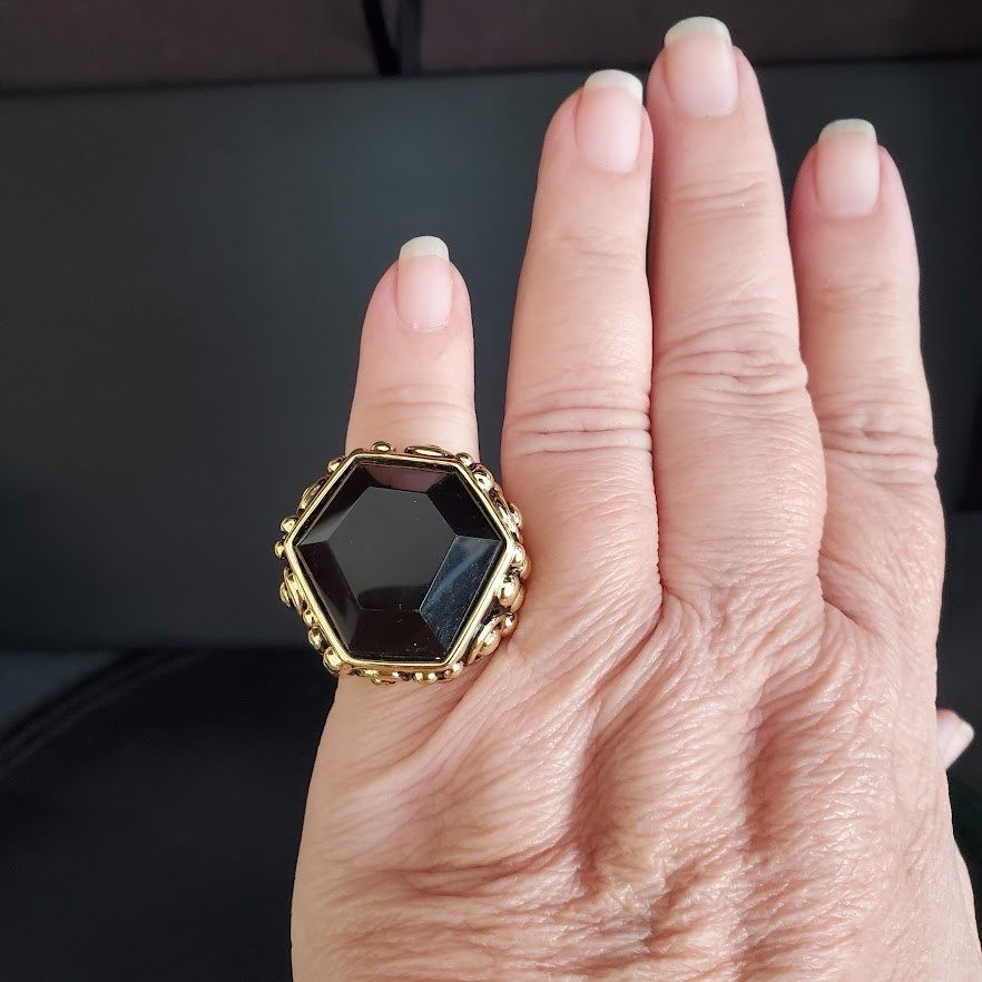Gold Tone Hexagon Black Stone Statement Cocktail Ring Size 8.5 Ornate Beaded