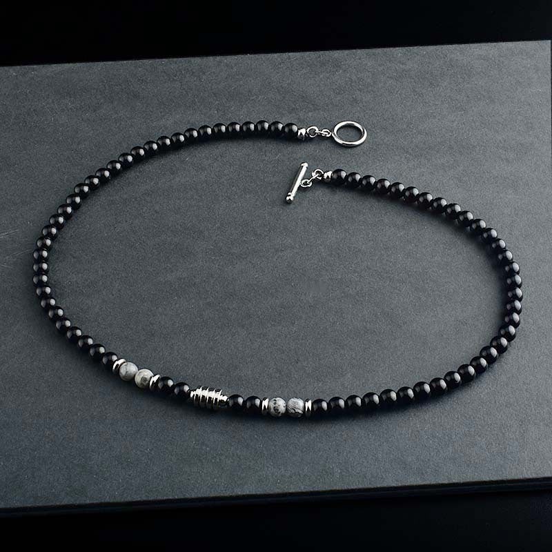 Black Agate Crystal Bead Men Necklace in Stainless Steel