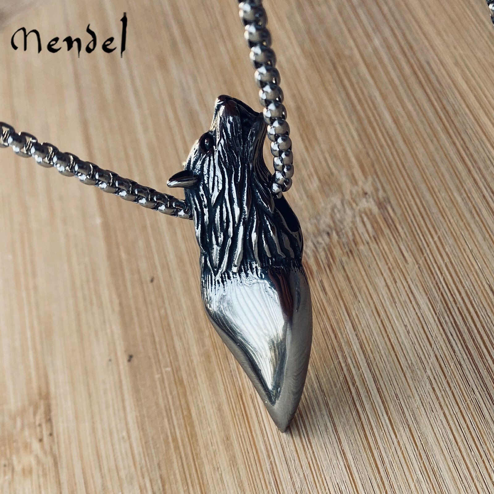 MENDEL Mens 316L Stainless Steel Fenrir Wolf Head Tooth Pendant Necklace Jewelry