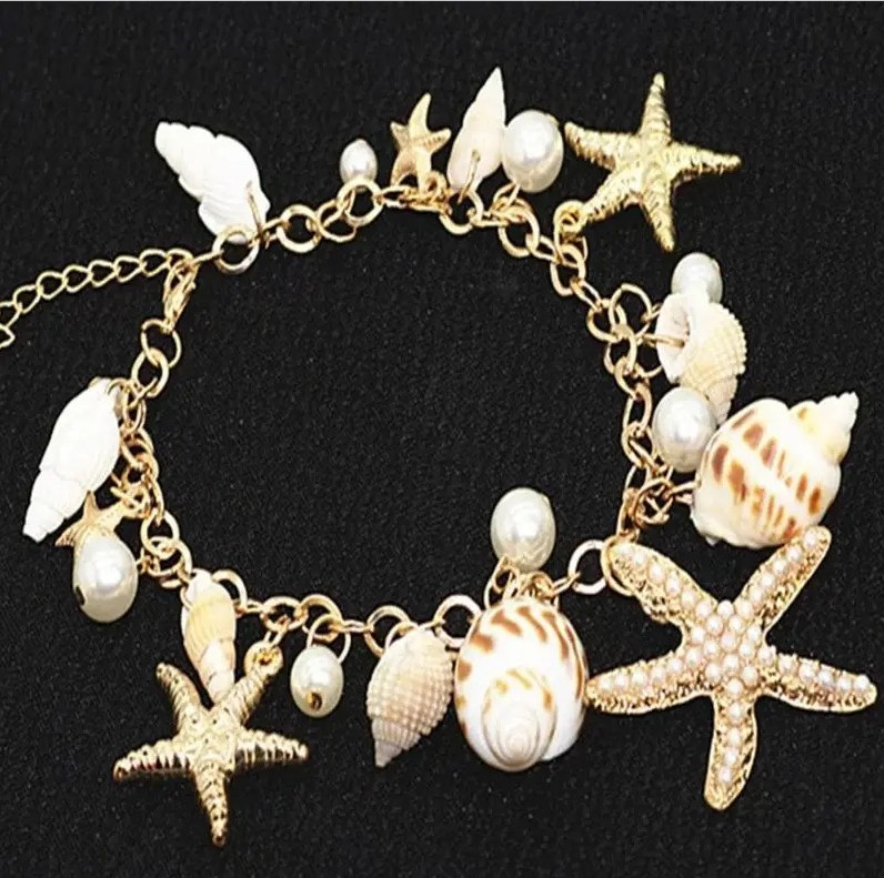 1pcs Gold Starfish & Conch Charm Bracelet – Pearl Accent Y2K Summer Jewelry