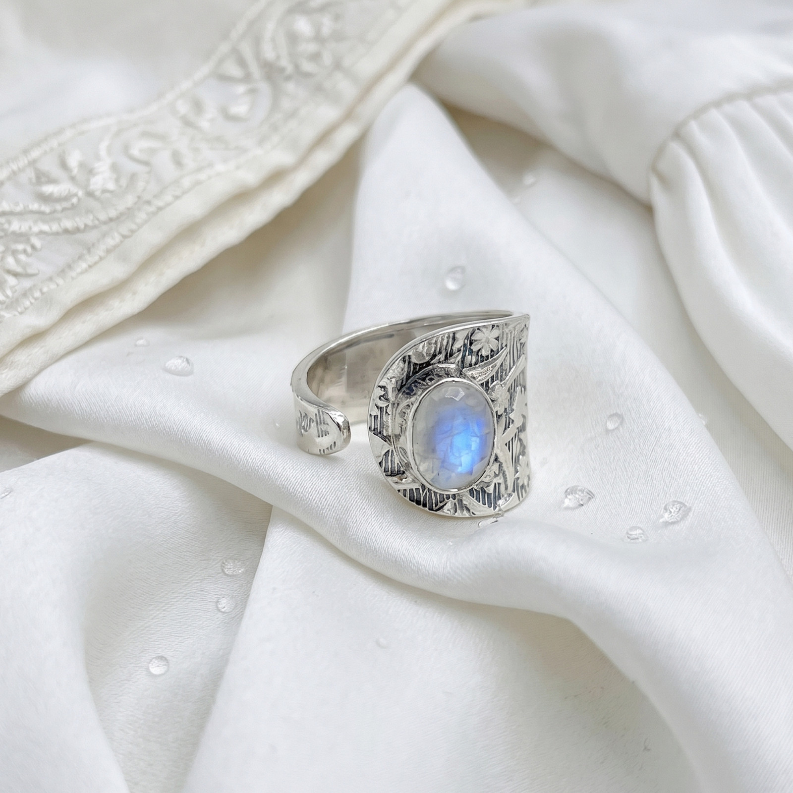 Natural Moonstone Sterling Silver Wrap Ring, Floral Statement Jewelry