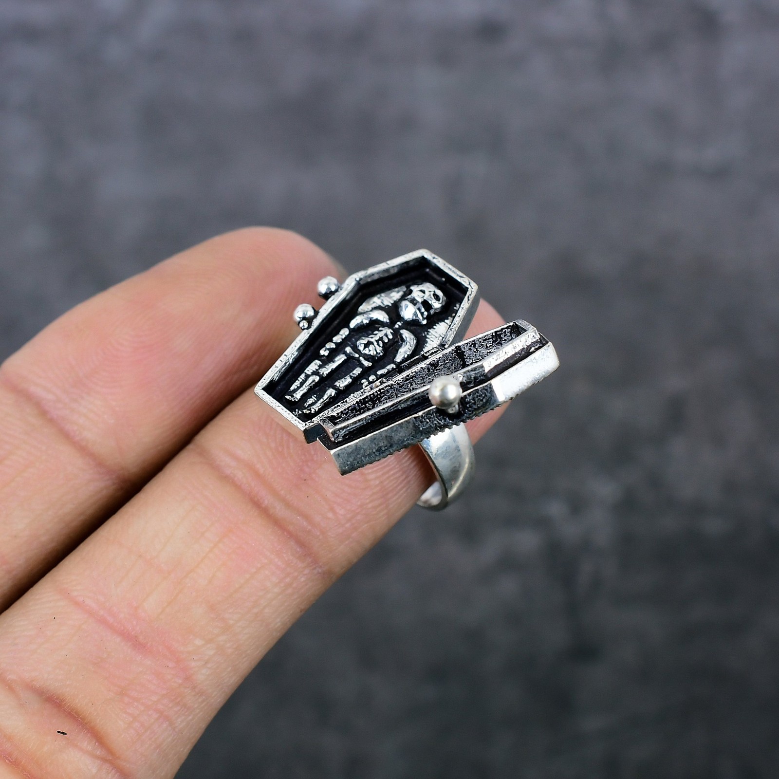 Poison Coffin Look Handmade Sterling Silver Jewelry Ring Size 8 Gift for Her O17