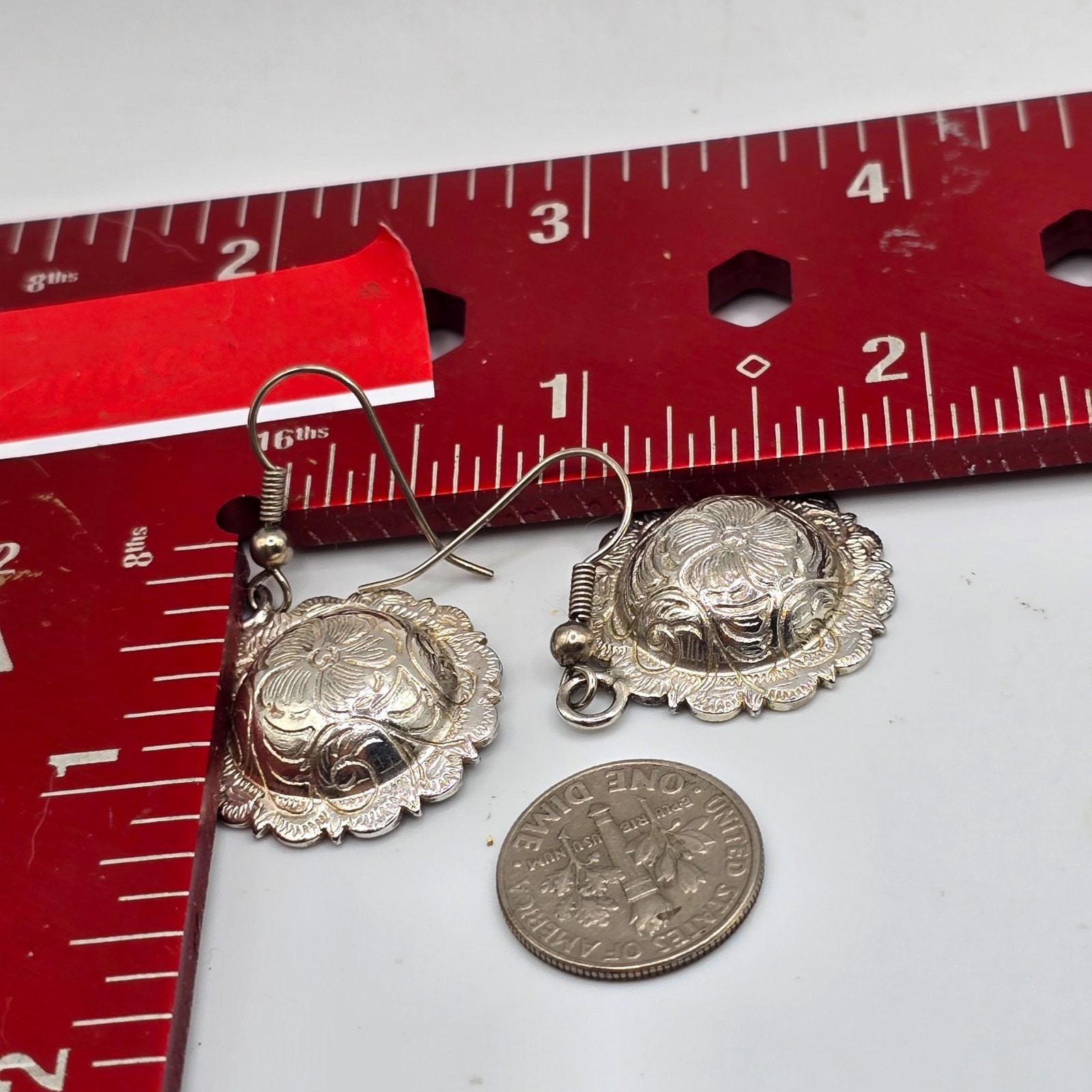 Earrings Raised Floral Repousse Design Dome Discs Scalloped Edged Pierced SK3164