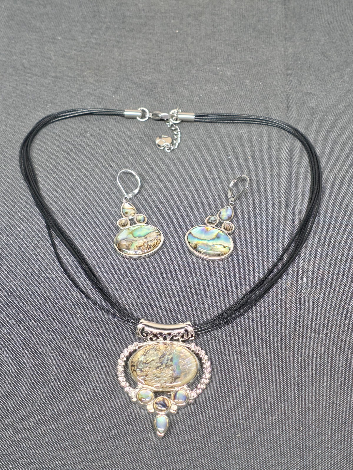 Artisan Abalone Shell Necklace Earring Set Multi Cord Silver Tone Ornate 16-18″