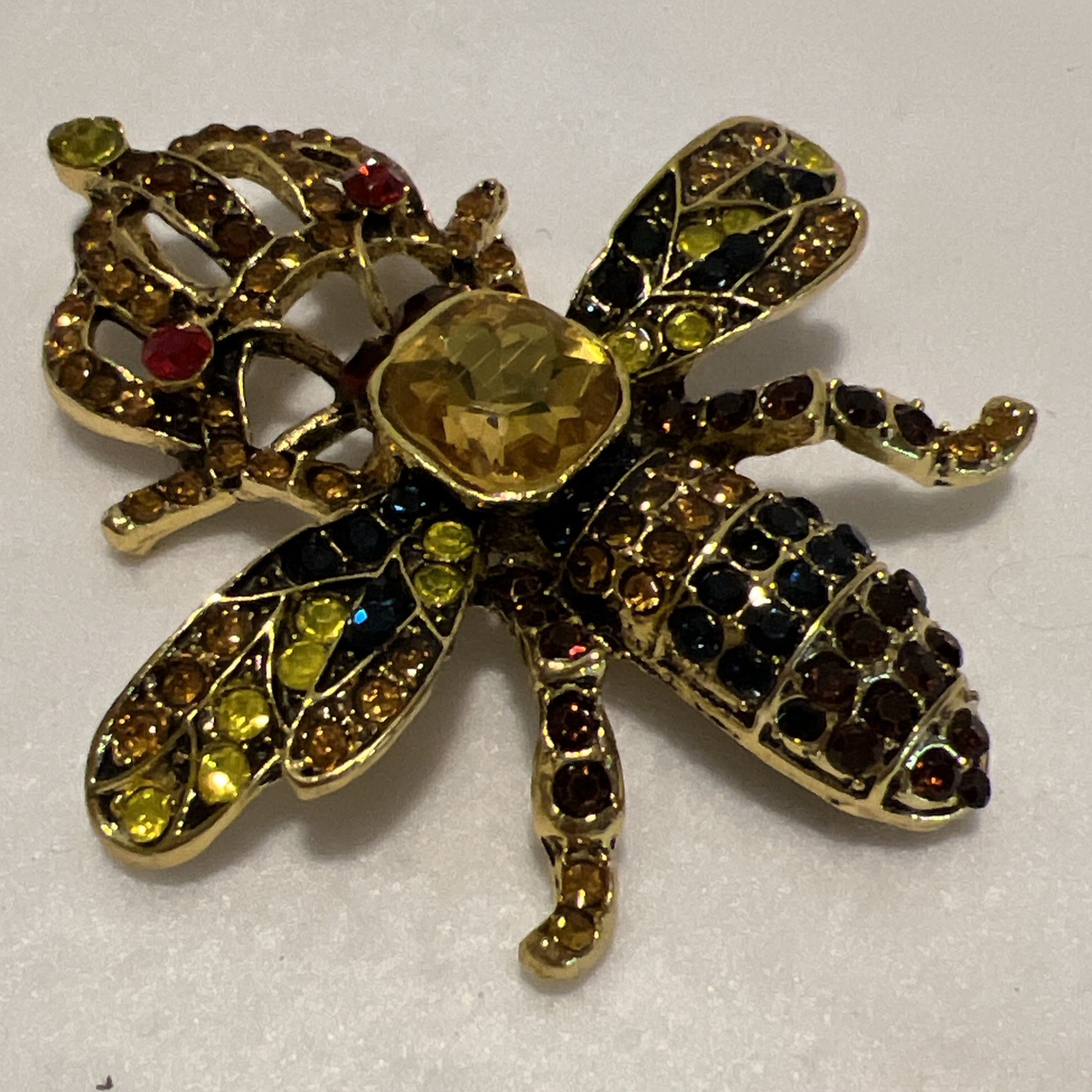 Queen Bee Brooch Crown Gold Tone Insect Pin Red Yellow Blue