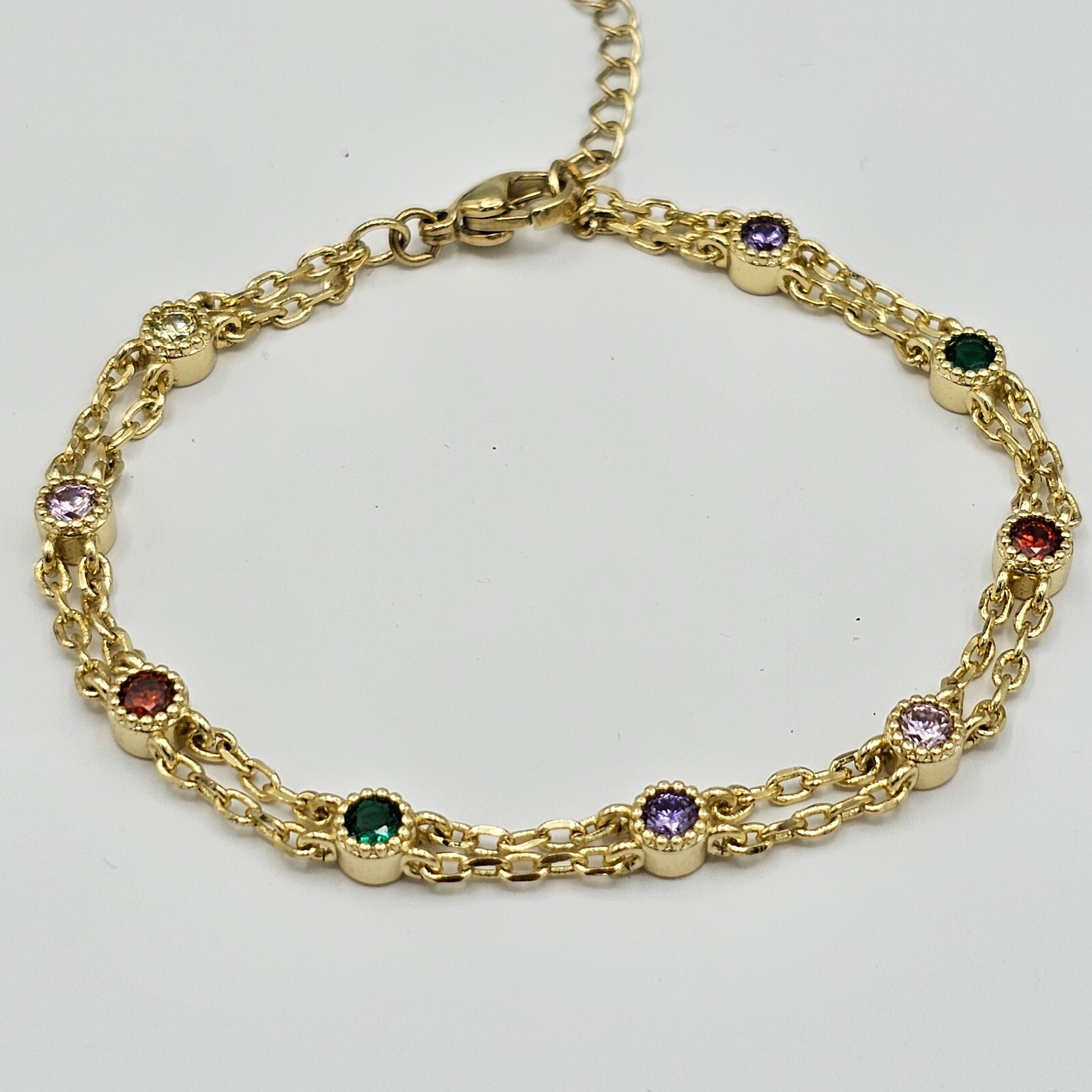 14K Gold Plated Double Chain Multicolor CZ Bracelet for Women. Green Purple Red