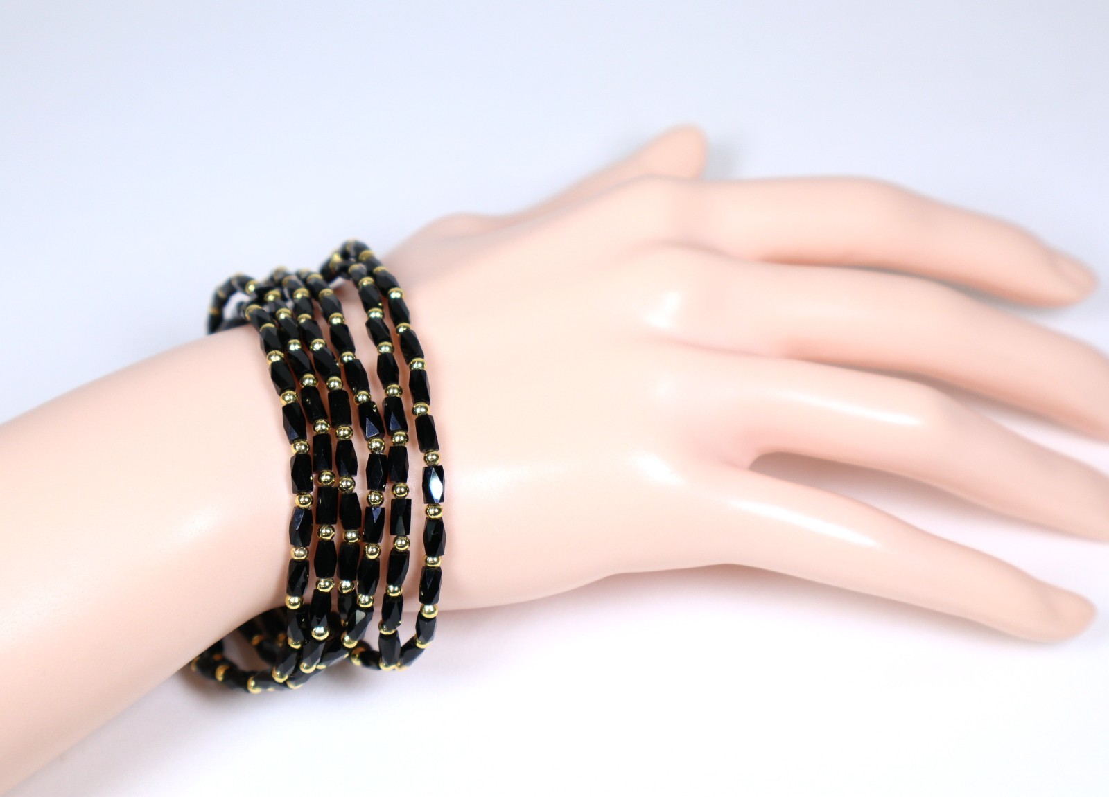 Stretchy Stackable Elastic Beaded Bracelets Faceted Black Gold Beads 6.5″ Length