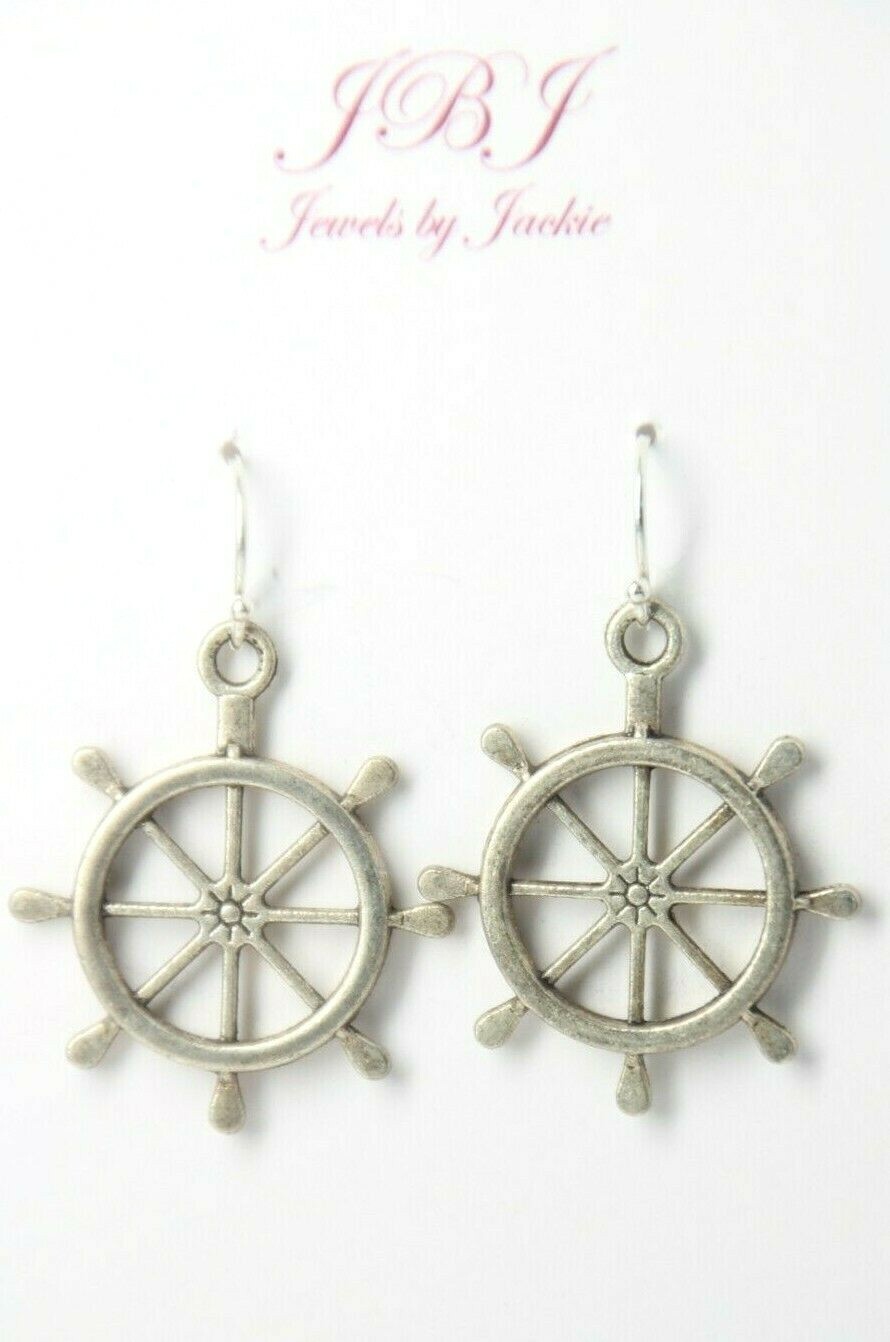 Mariner Earrings Wheel Helm Sailing 925 sterling silver hooks pewter charms