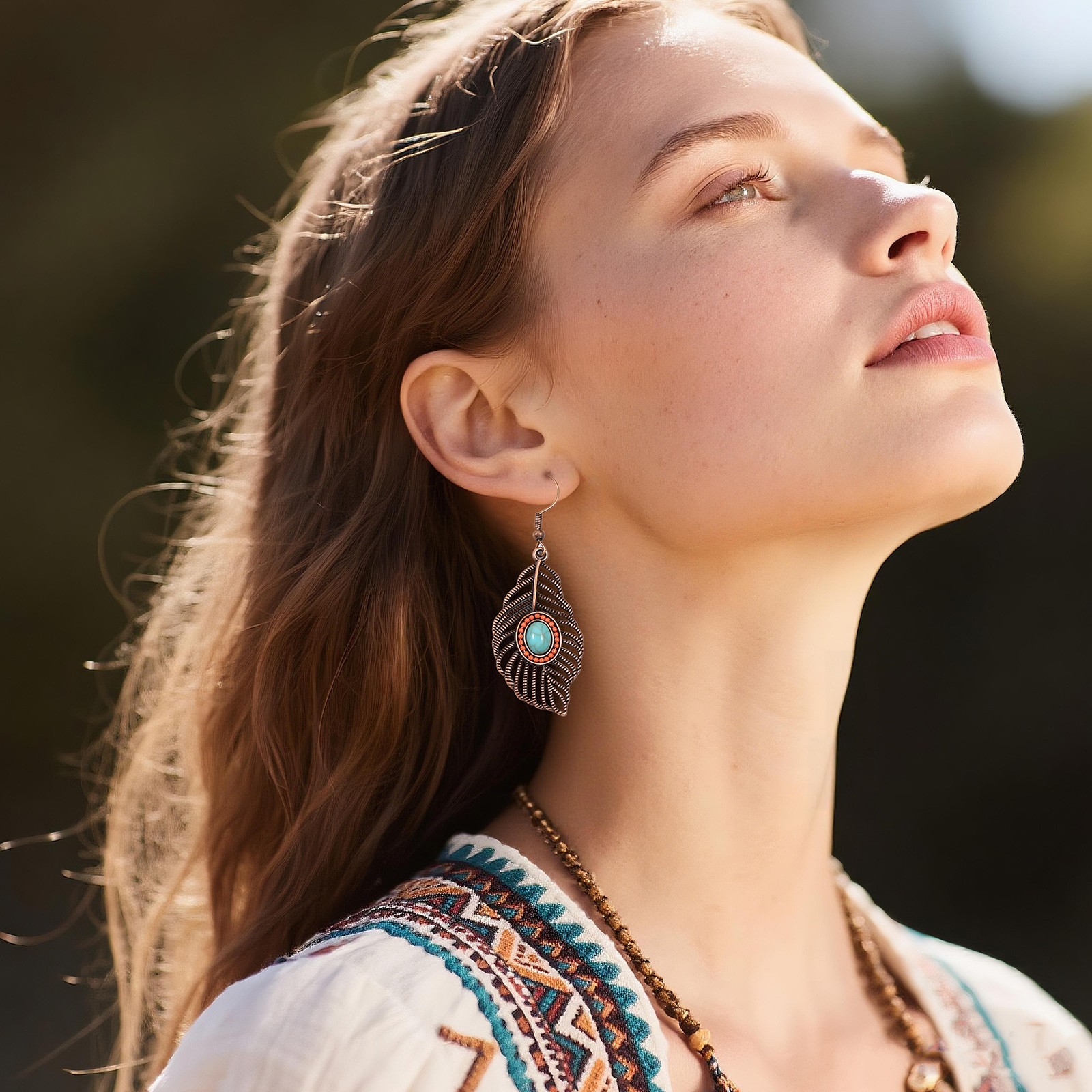 3Pcs Women Retro Bohemian Leaf Necklace Earring Set Turquoise PU Leather Jewelry