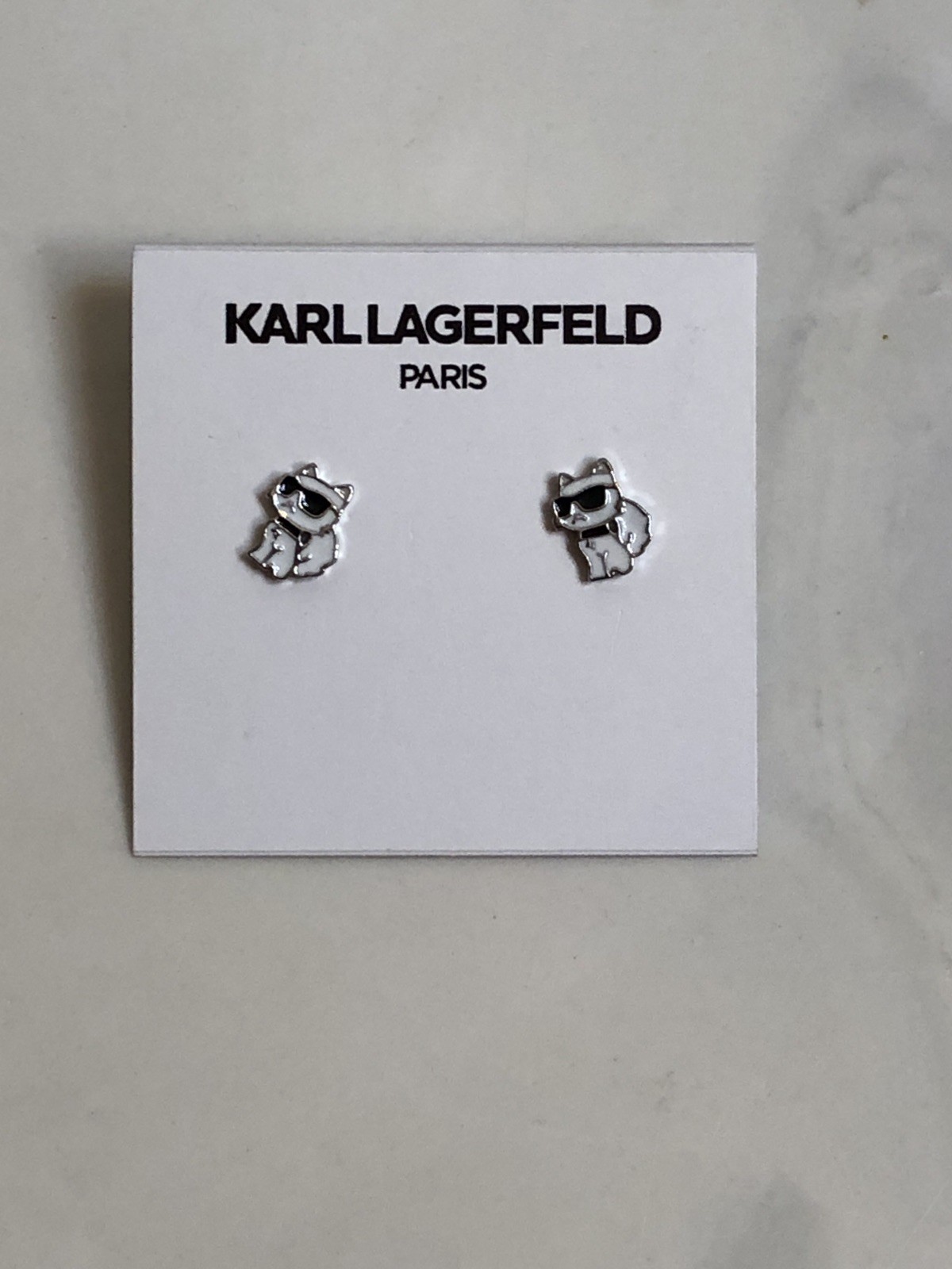 Karl Lagerfeld White & Black Enamel Mini Sitting Choupette Stud Earrings NWT