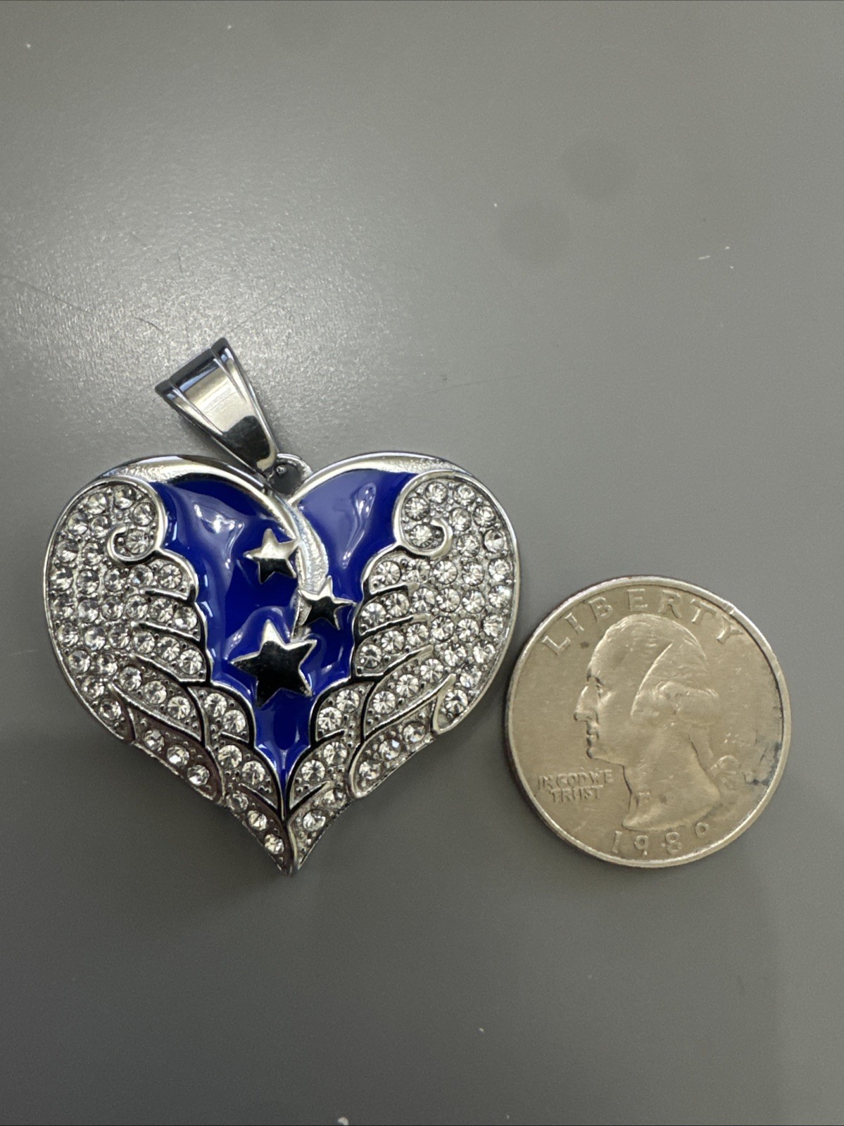 Heart Shaped Angel Wings Pendant Silver Tone Stainless Steel Gift 24” Necklace