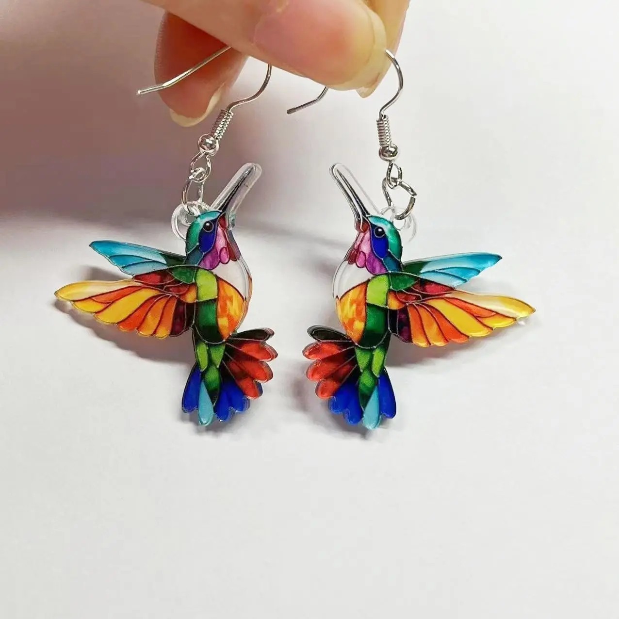 Colorful Hummingbird Necklace and Dangle Earrings Set Bird Lover Jewelry Gift fo