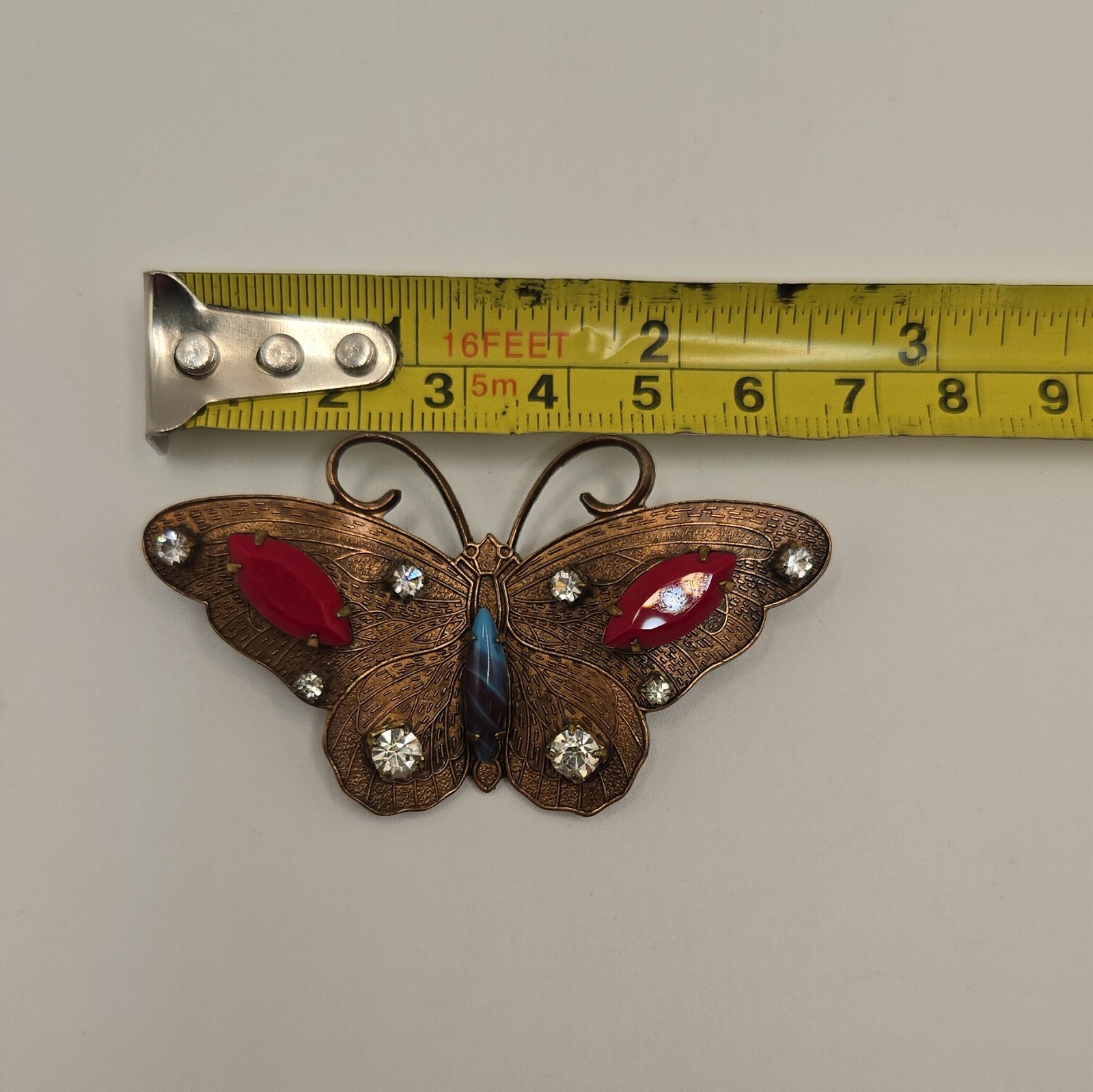 Cool Butterfly Brooch Pin Bronze Tone Red Blue Clear Rhinestone Crystal 2.5 in
