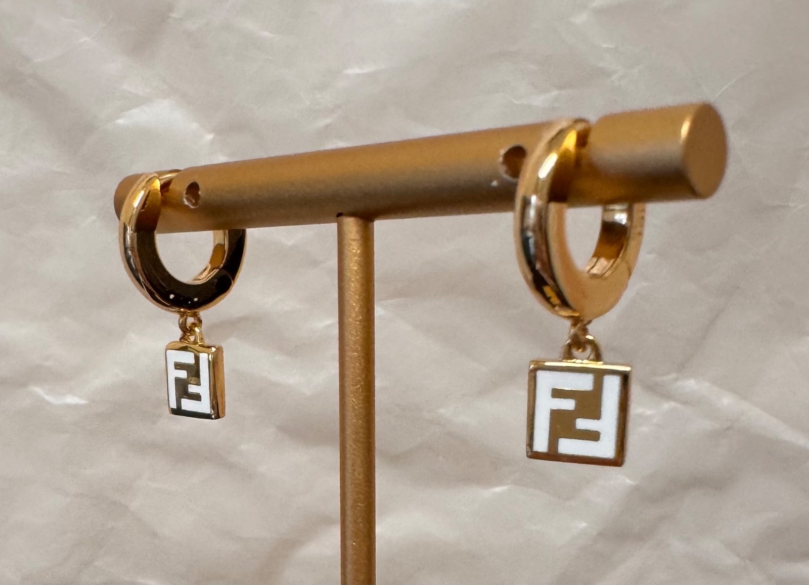 Fendi Gold Tone FF Logo Mini Hoop Earrings Charm Drop # 581