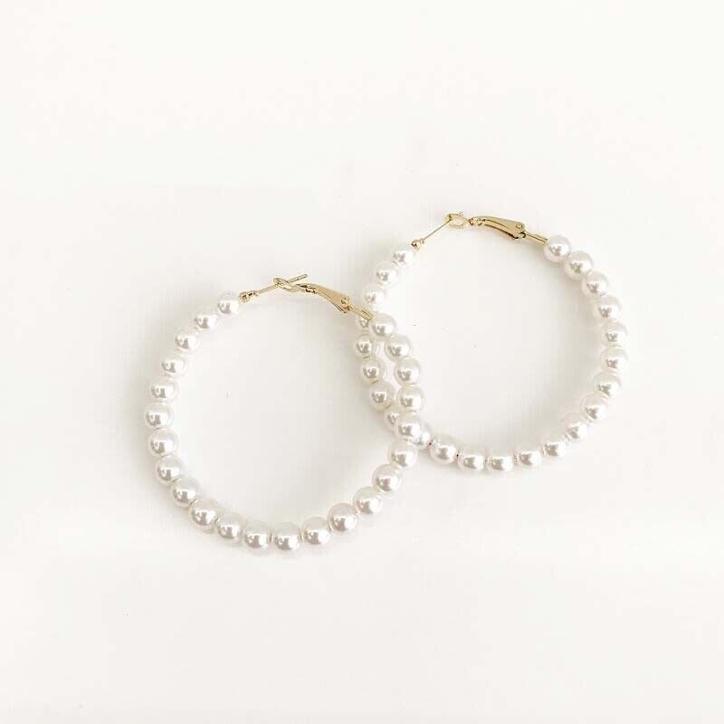 Pretty New Fashion Jewelry Yellow Gold Plated White Pearl 2″ Round Hoop Earrings
