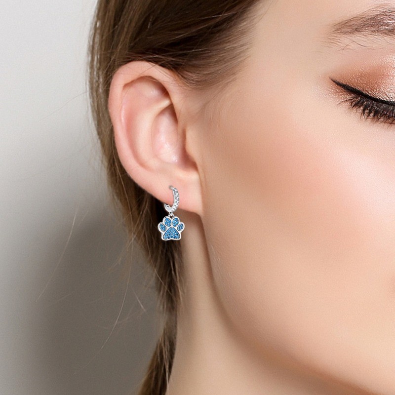 PANDACH 925 Sterling Silver Tiny Blue Dreamcatcher Paw Hoop Earrings For Women
