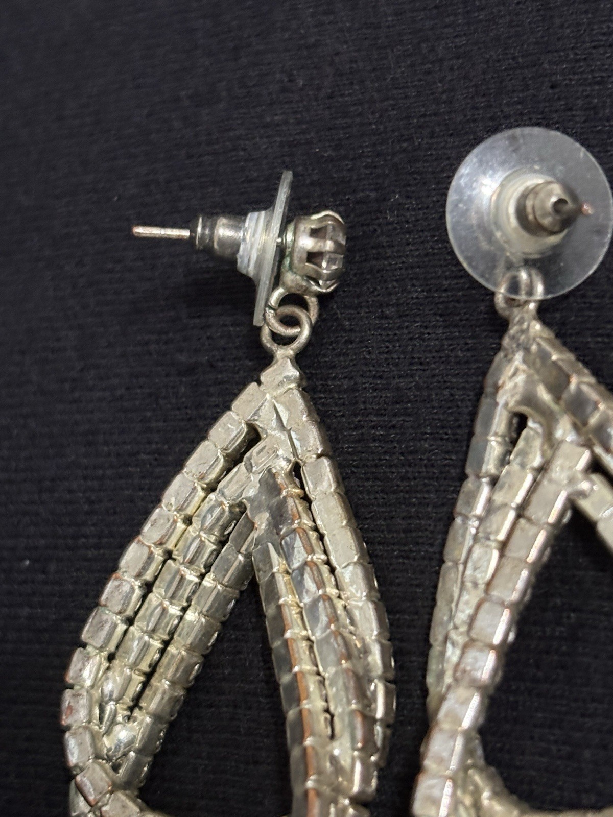 Vintage Rhinestone Teardrop Dangle Earrings Silver Tone Open Drop Statement