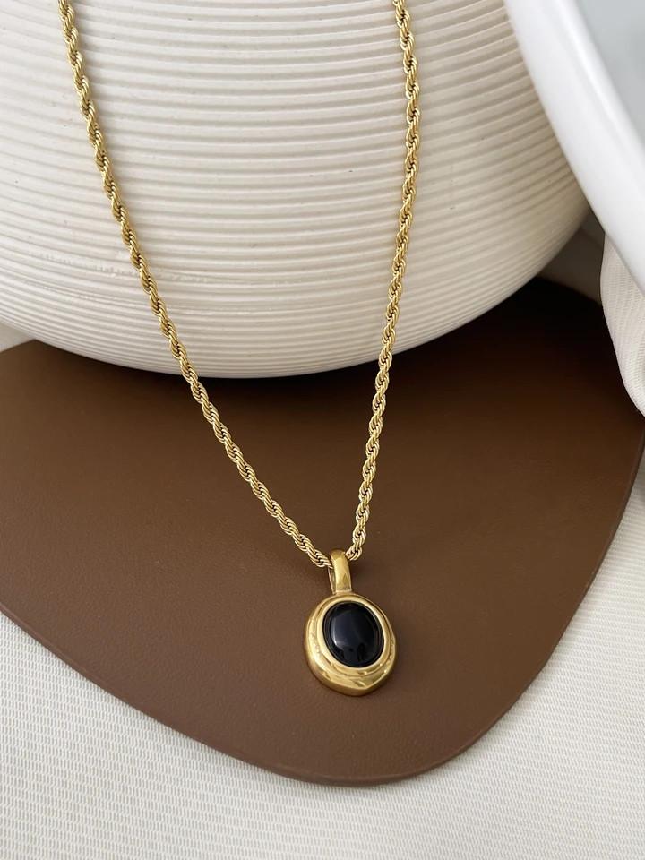 Oval Gem Stone Pendant Necklace Stainless Steel Gold Plated Twist Rope Jewelry