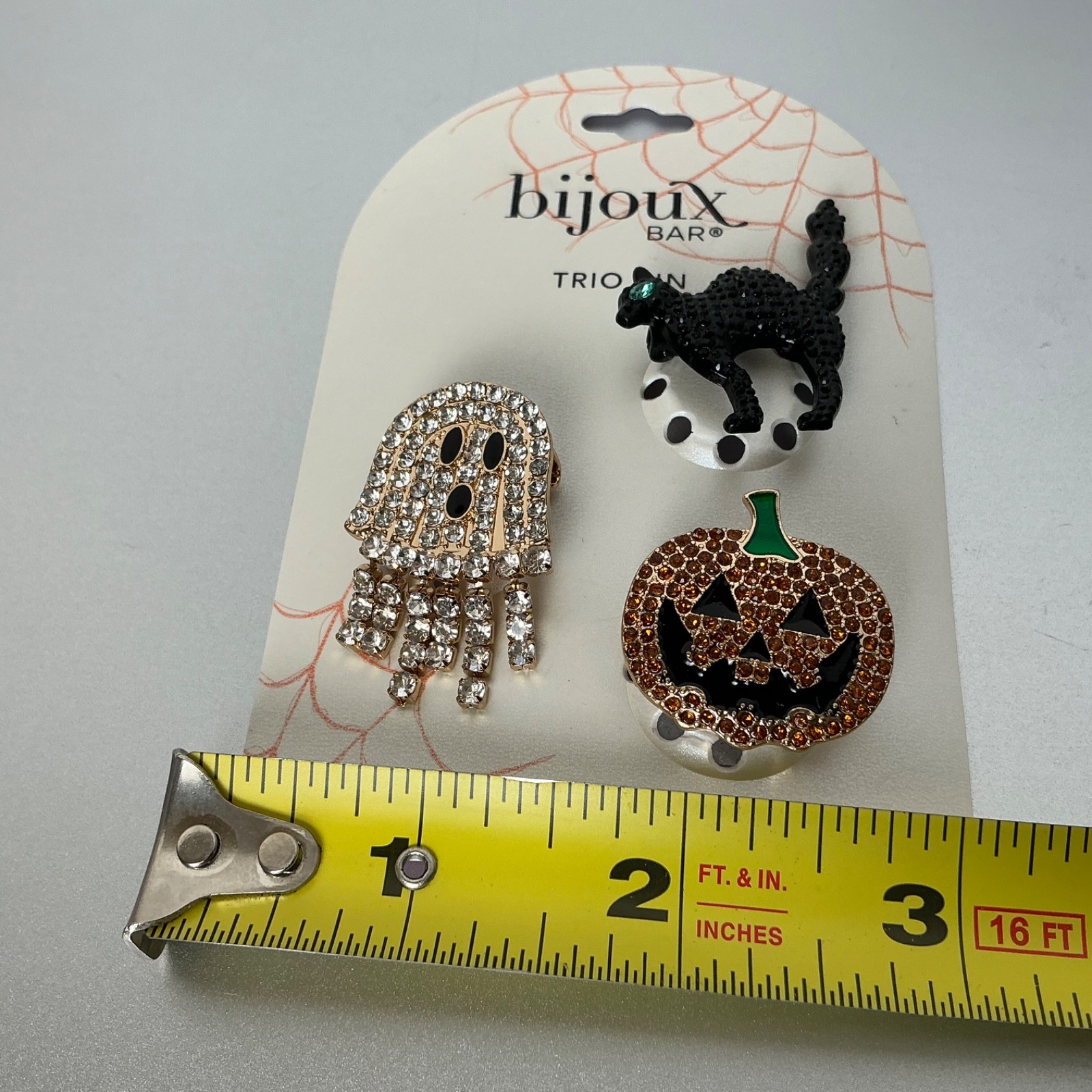 Halloween Rhinestone Pin Trio Black Cat Pumpkin Ghost Bijoux Bar NEW ON CARD