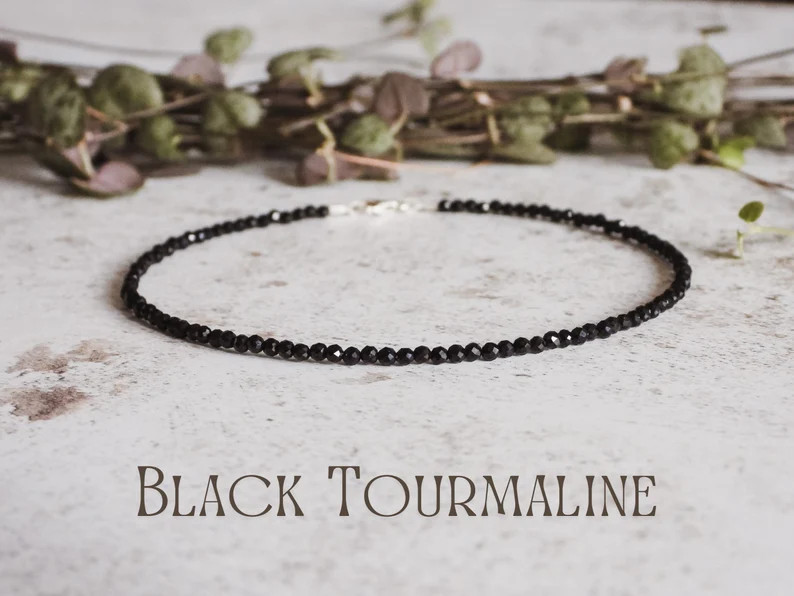 Black Tourmaline Dainty Tiny 2mm Bead Crystal Boho Healing Anklet for Women Gift