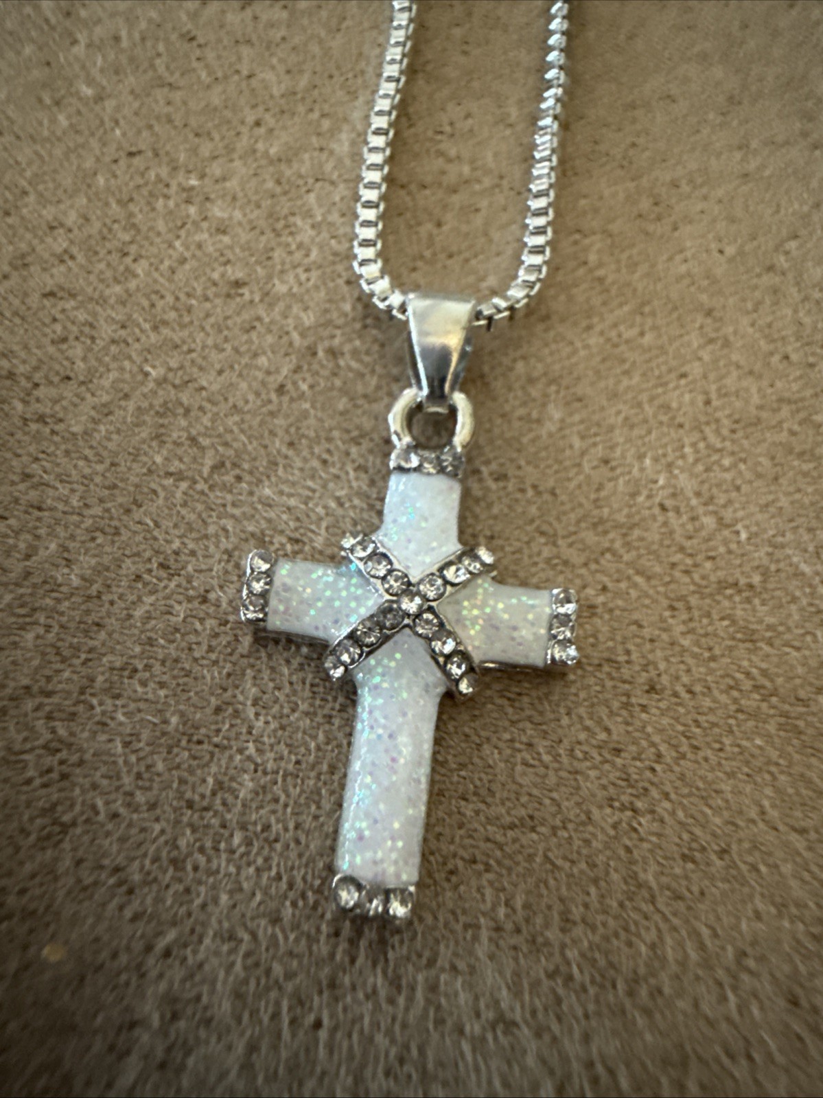 Silvery White Synthetic Opal Mosaic Cross Pendant Necklace