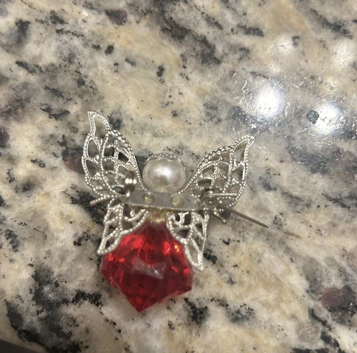 Silver Tone Angel Brooch Pin Red Round & Faux Pearl Accent