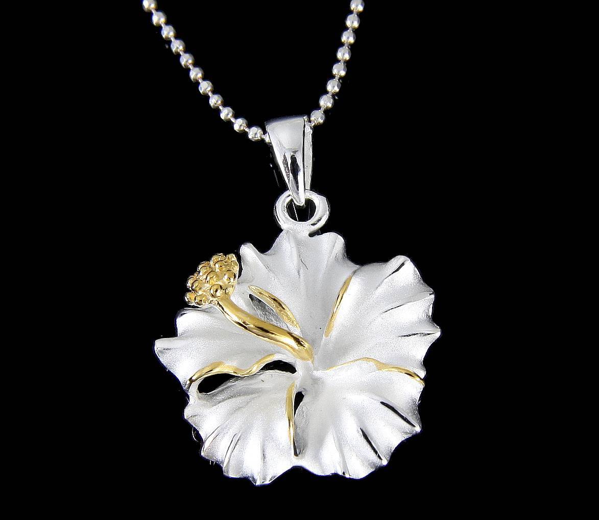 YELLOW GOLD PLATED 2TONE SILVER 925 HAWAIIAN HIBISCUS FLOWER PENDANT 12MM – 25MM
