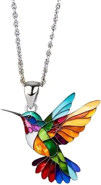 Colorful Hummingbird Necklace and Dangle Earrings Set Bird Lover Jewelry Gift fo