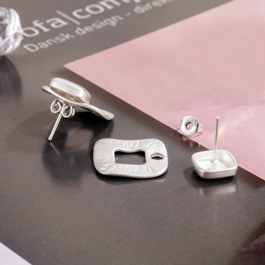 Minimalist Matte Silver Plated Brushed Textured Hollow Square Daily Stud Earring