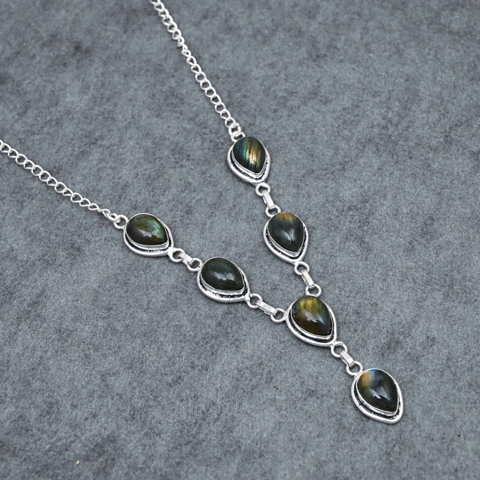 Silver Plated Labradorite Y-Necklace | Multi-Stone Milgrain Cabochon | Artisan