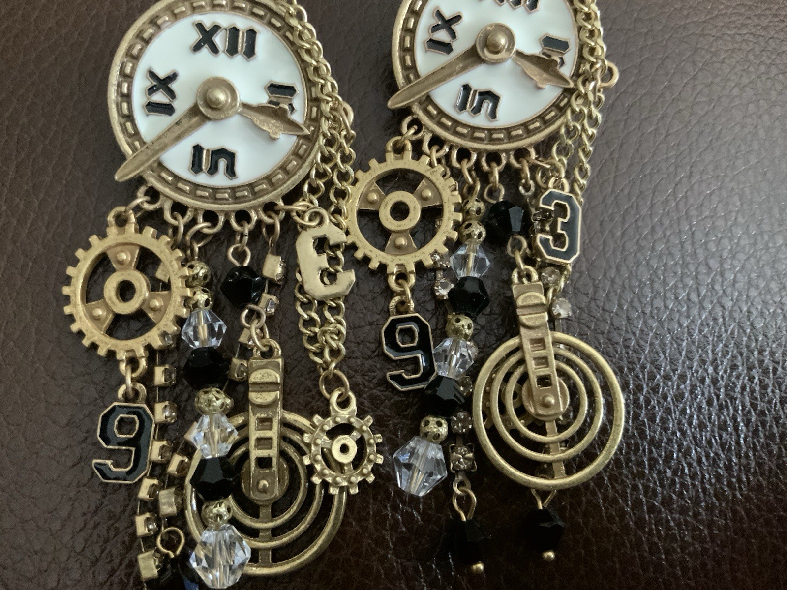 Museum Retro Clock Earrings Gold Chain CZ Steampunk Statement Art Boho Gear VTG