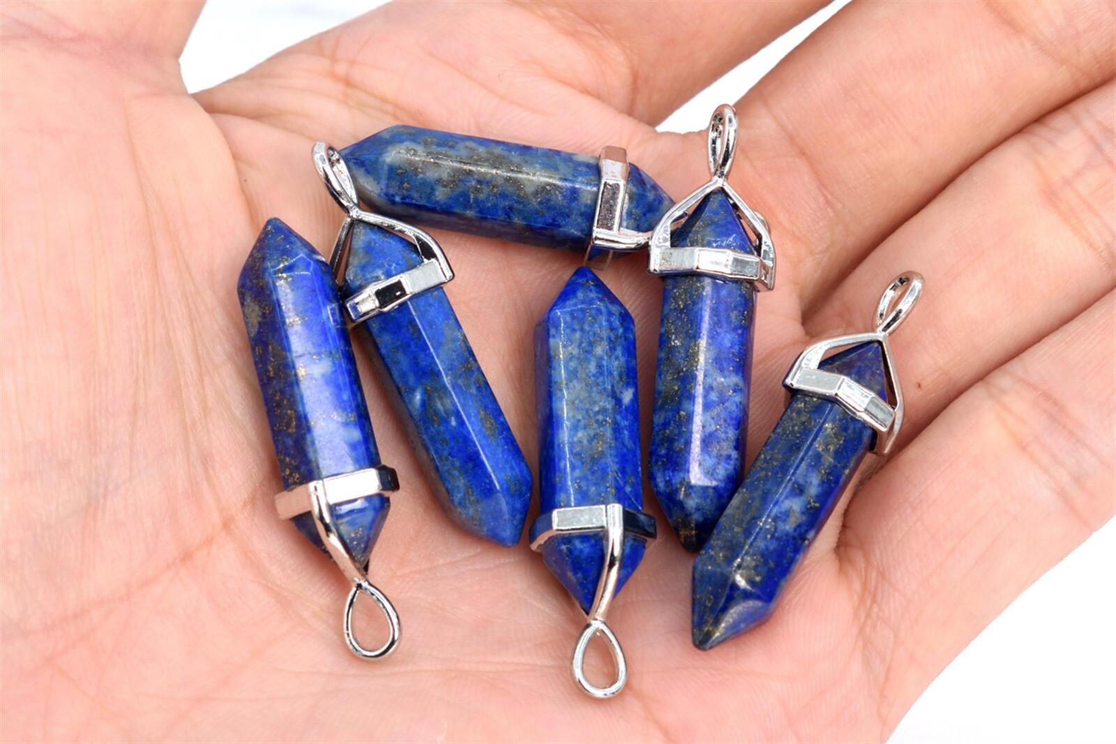 2 Pcs 39x8MM Lapis Lazuli Hexagonal Pointed Pendant A Silver Plated Cap