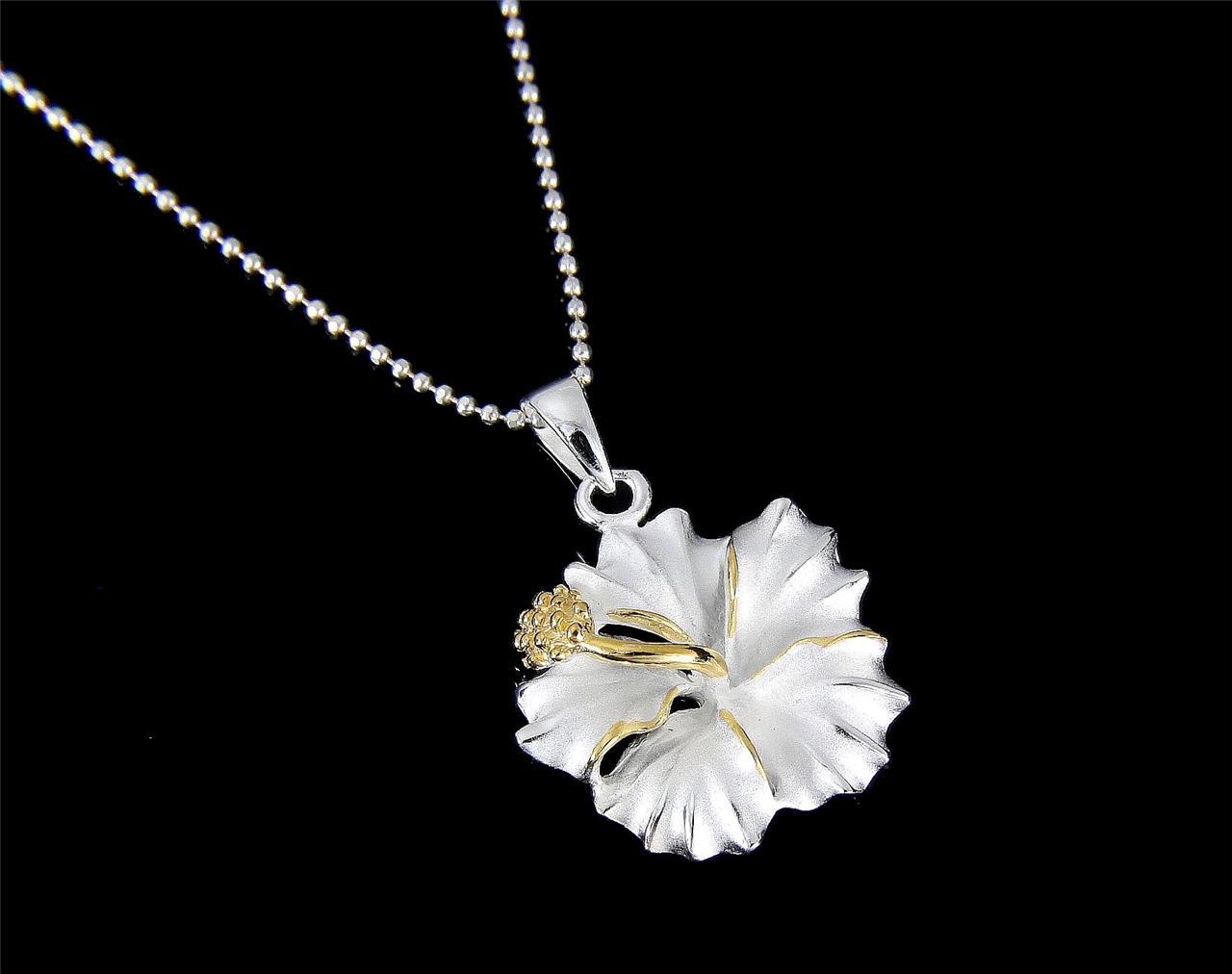 YELLOW GOLD PLATED 2TONE SILVER 925 HAWAIIAN HIBISCUS FLOWER PENDANT 12MM – 25MM