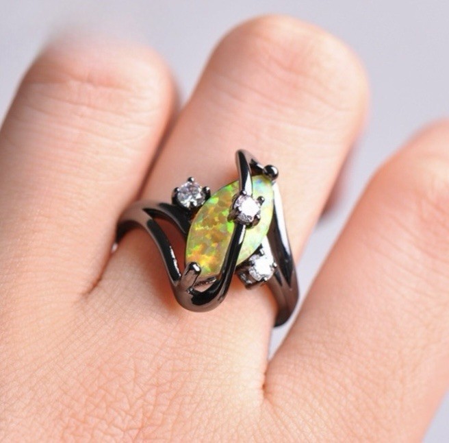 Gorgeous Unique Black Gold Filled Yellow Fire Opal CZ Marquise Ring Size 6
