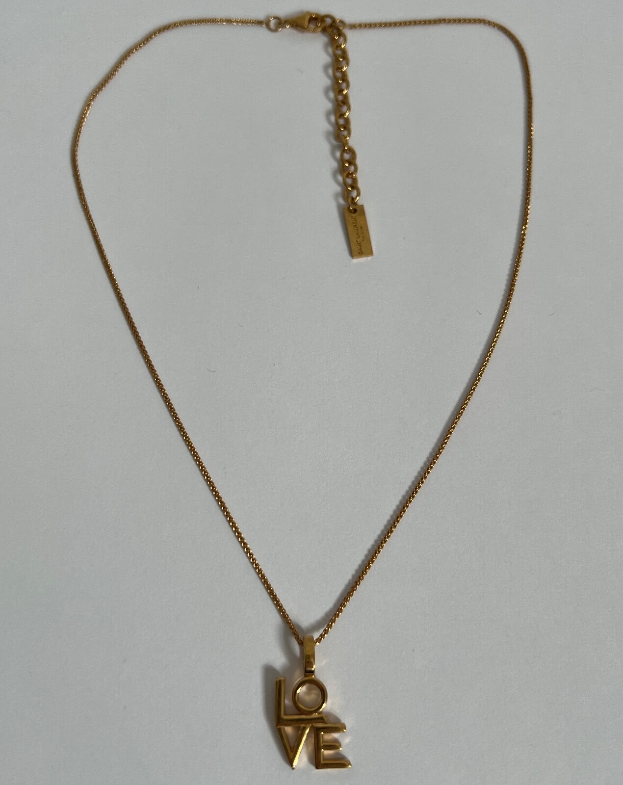 NIB Saint Laurent YSL LOVE Charm Antique Gold Brass Pendant Chain Necklace $650