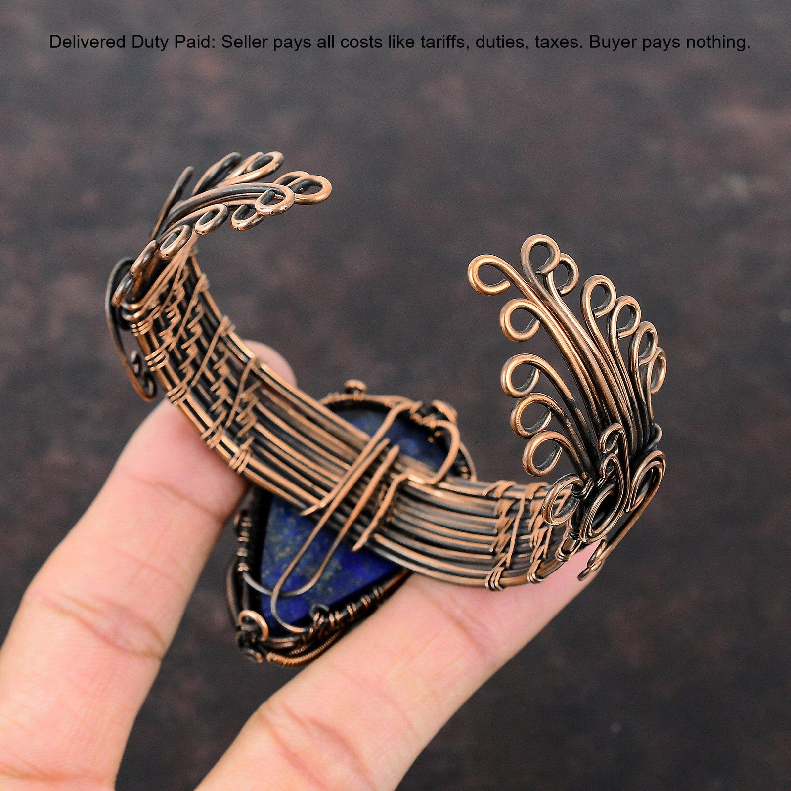 Copper September Lapis Lazuli Gemstone Wire Wrapped Handcrafted Bangle Jewelry