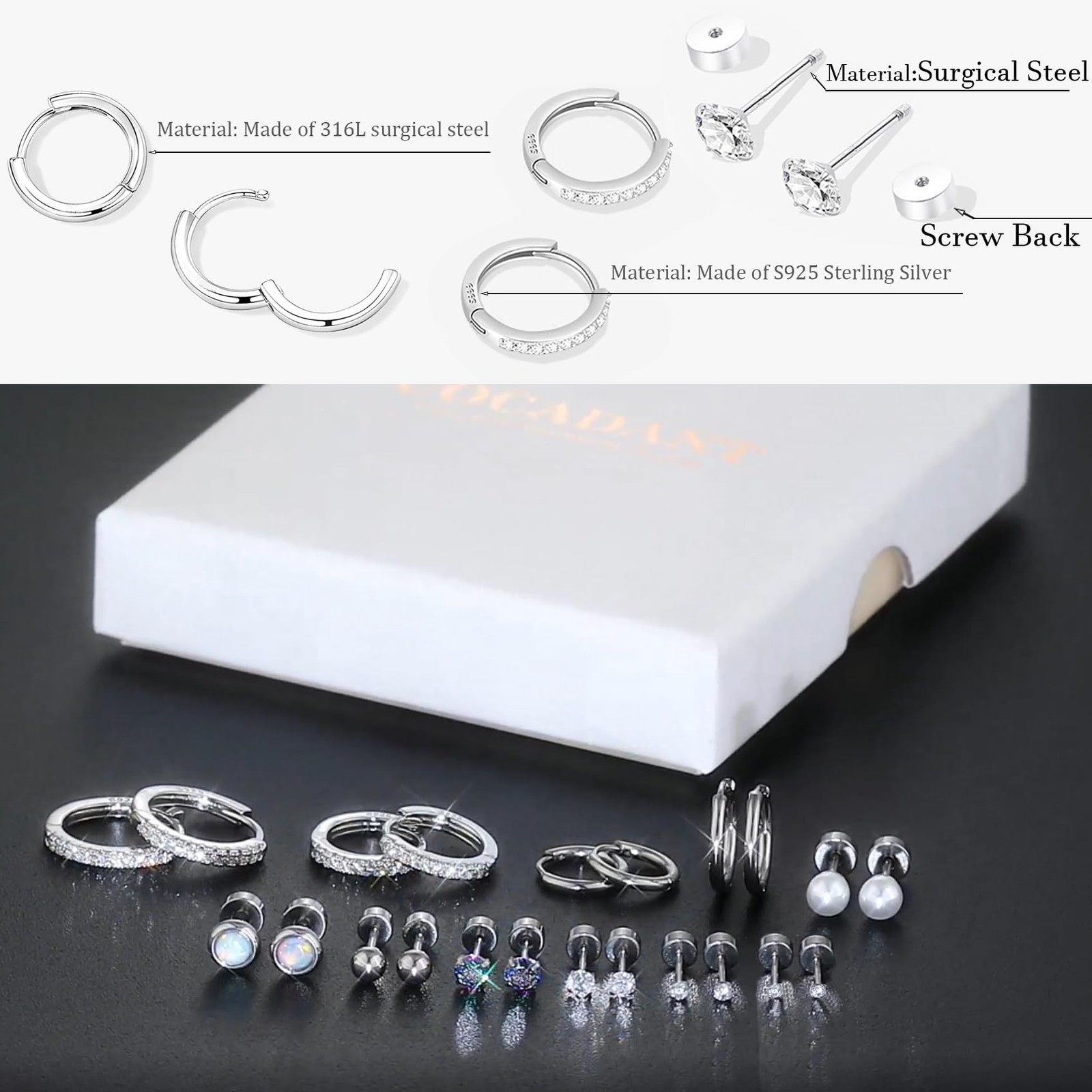 Surgical Steel Flat Back Earrings Set for Multiple Piercing Sensitive Silver