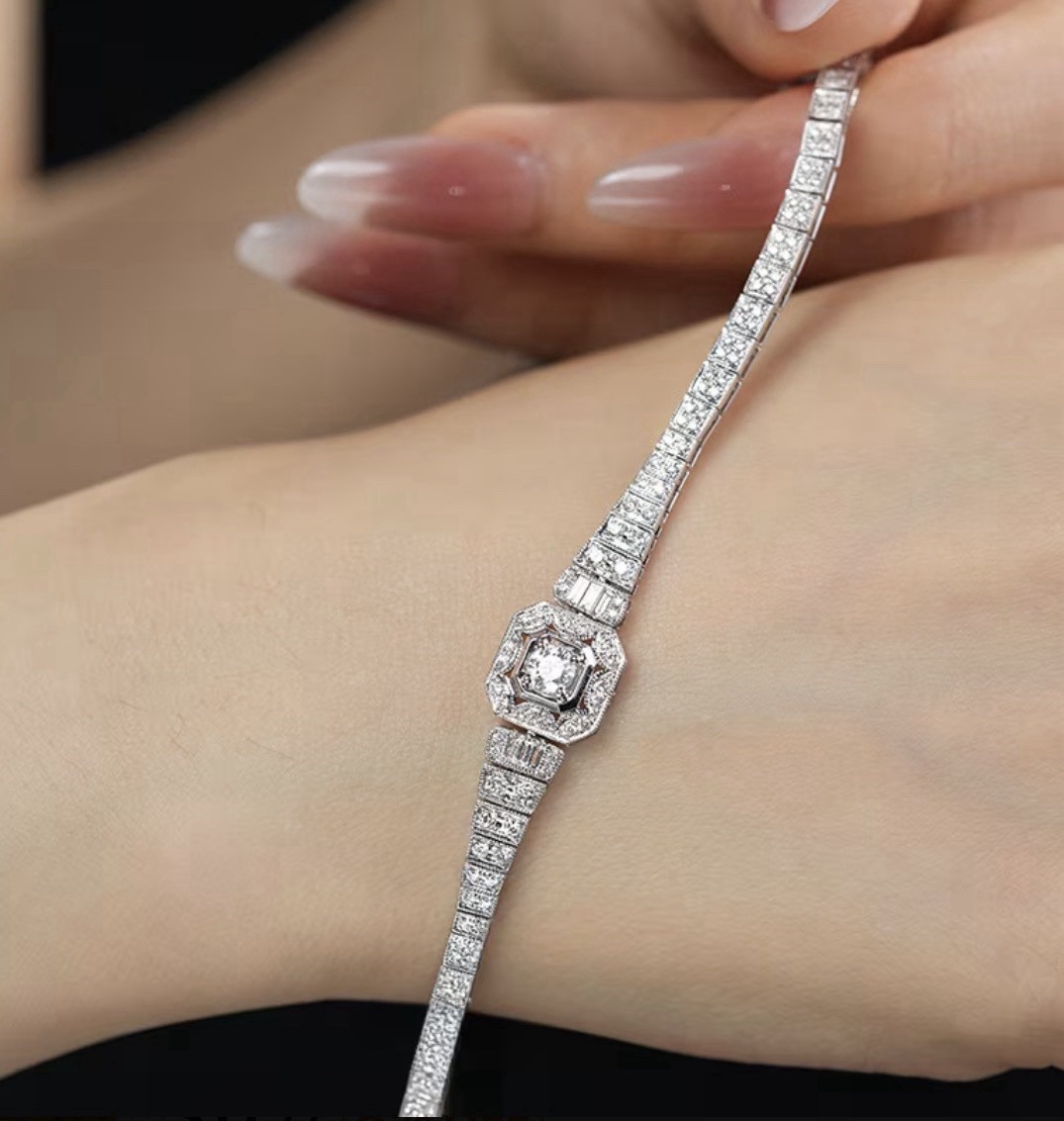 Silver Tennis Chain Bracelet 17.5 cm Round Main Stone 6.5 mm