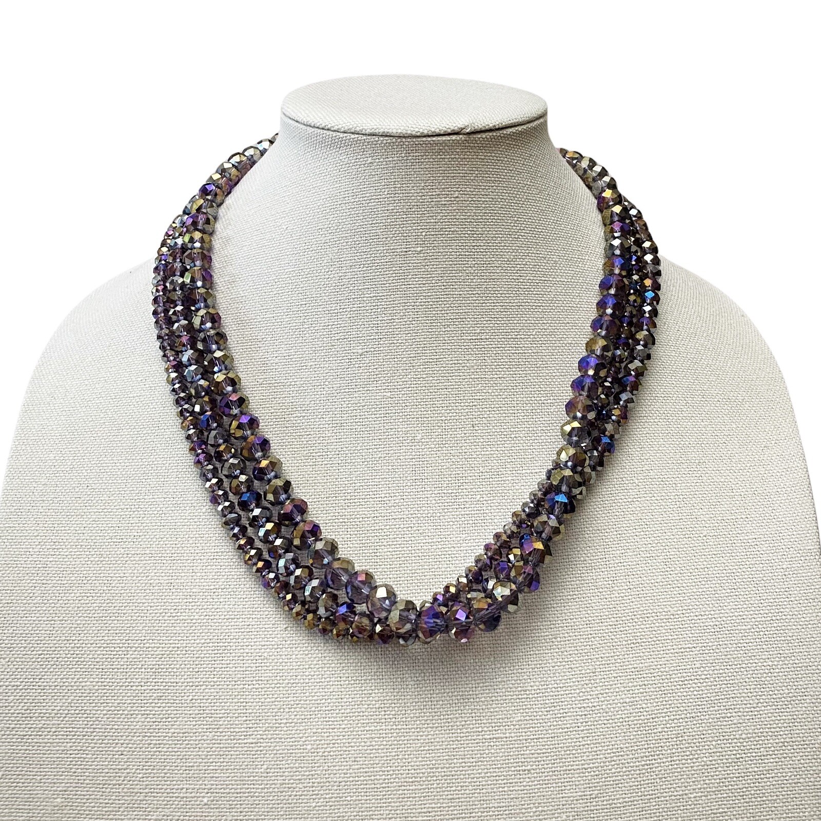 Donna Dressler Purple AB Swarovski Crystal Beaded 3 Strand 925 Clasp Necklace